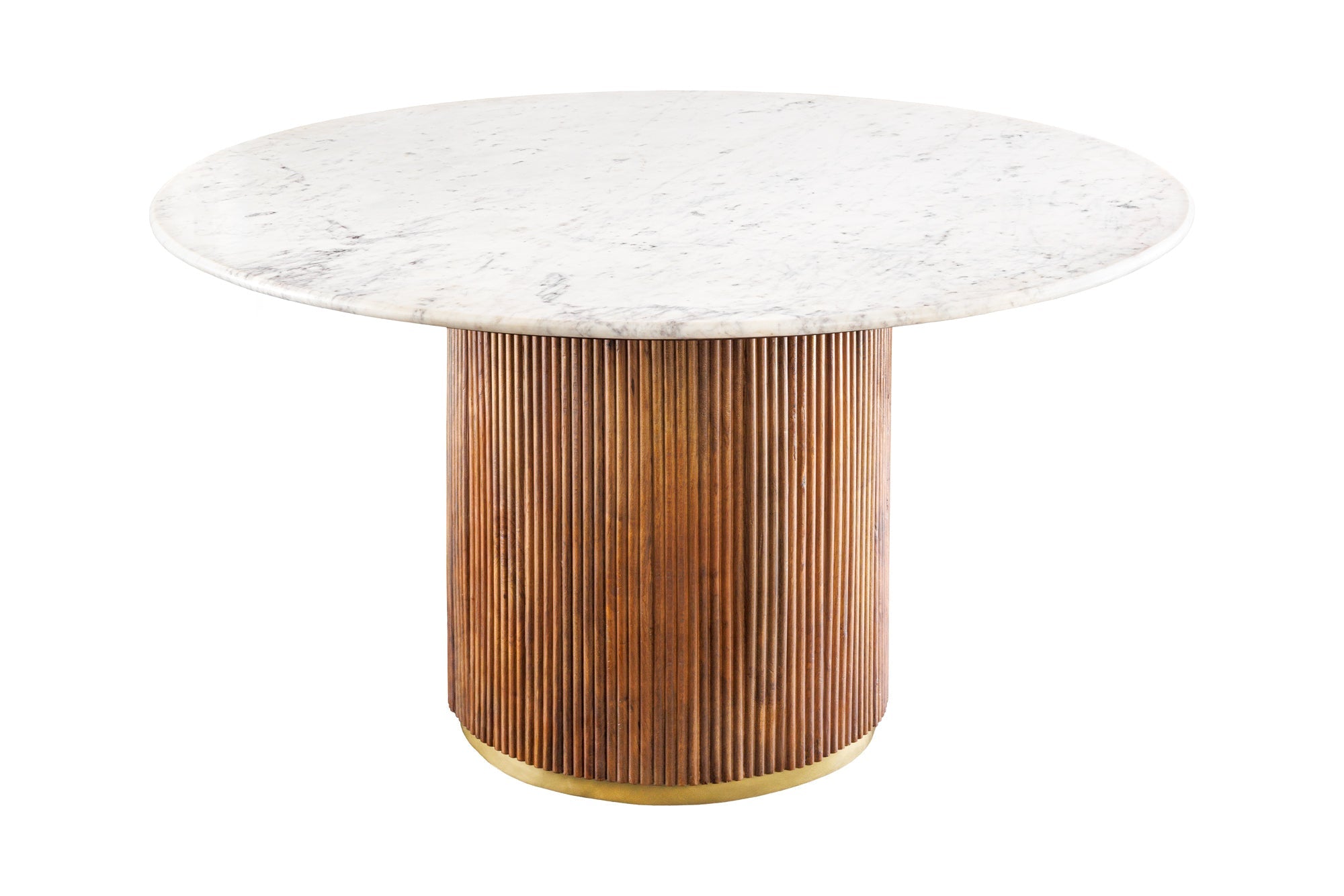 GATSBY Mesa de comedor redonda de 140 cm en madera de mango marrón dorado con tablero de mármol blanco y base de columna