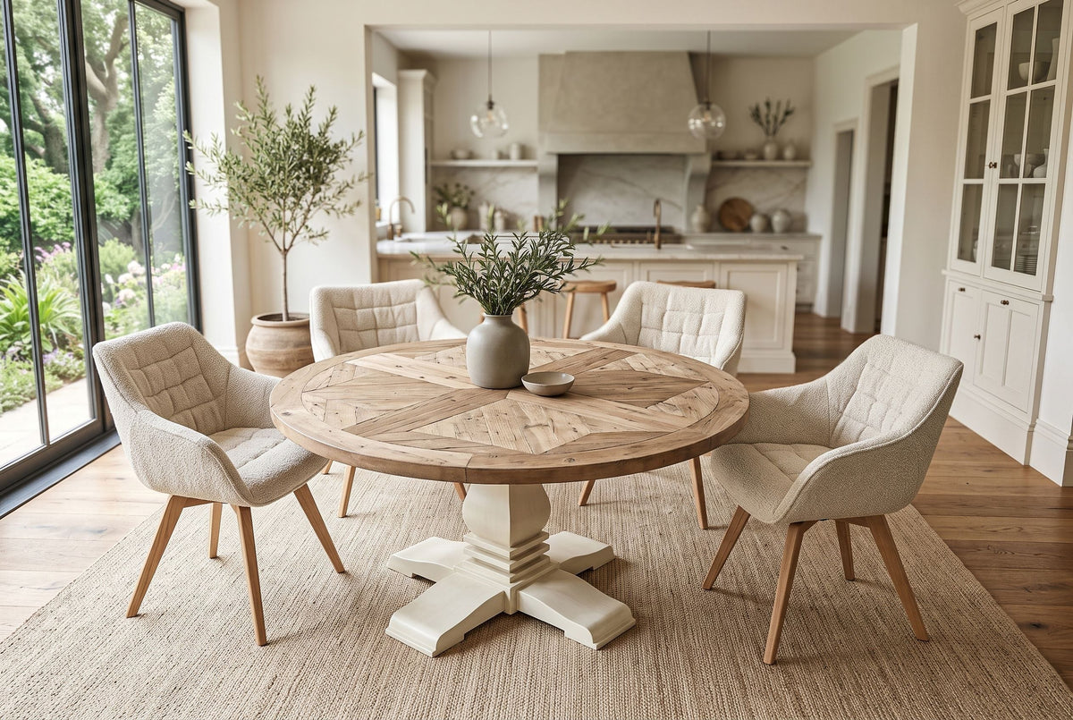 Table à manger ronde HAMPTONS 140cm marron clair crème bois de pin massif recyclé