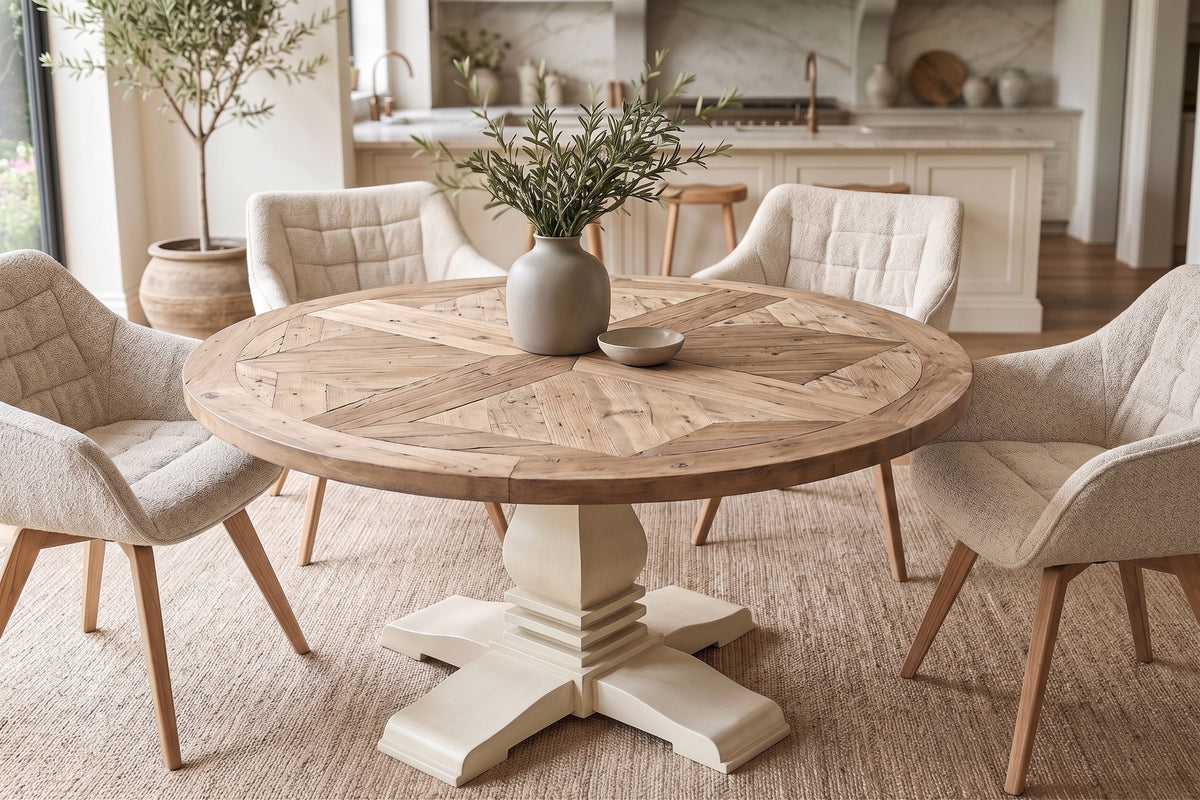Table à manger ronde HAMPTONS 140cm marron clair crème bois de pin massif recyclé