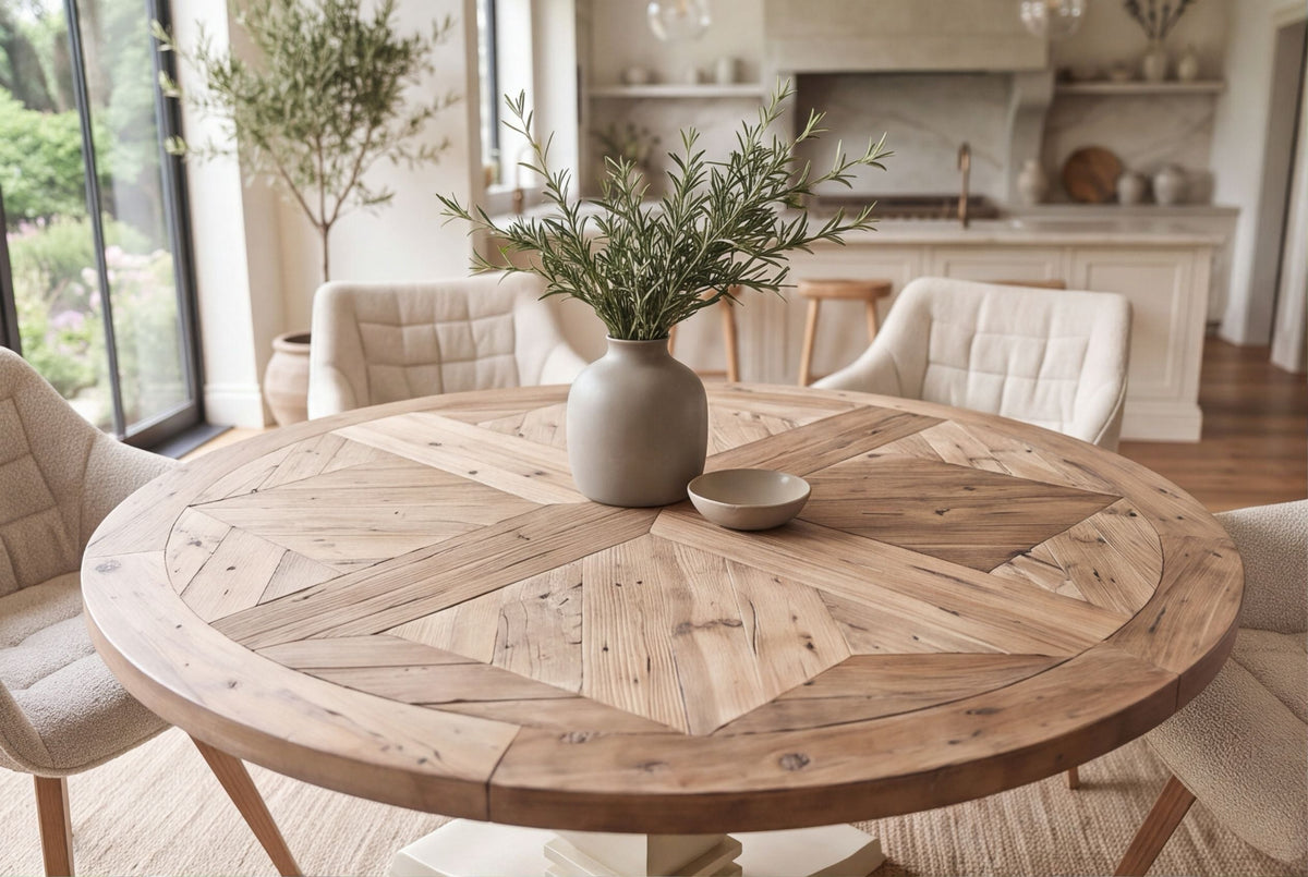 Table à manger ronde HAMPTONS 140cm marron clair crème bois de pin massif recyclé