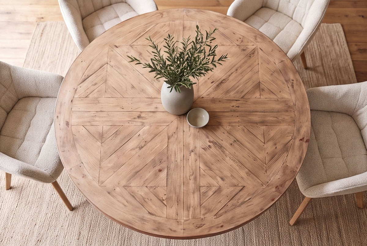 Table à manger ronde HAMPTONS 140cm marron clair crème bois de pin massif recyclé