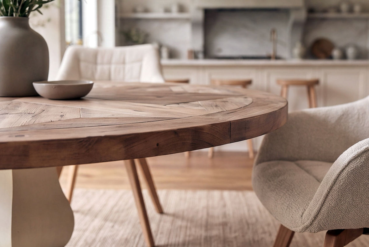 Table à manger ronde HAMPTONS 140cm marron clair crème bois de pin massif recyclé