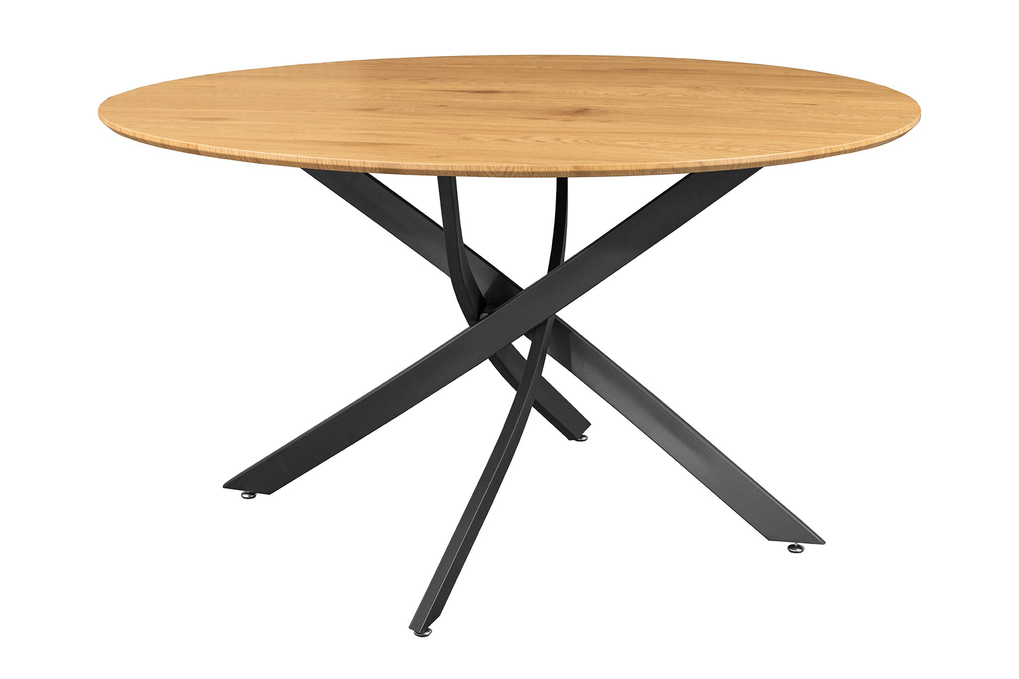 Table à manger ronde HELIX 120cm chêne sauvage naturel pieds métal noir structure étoile