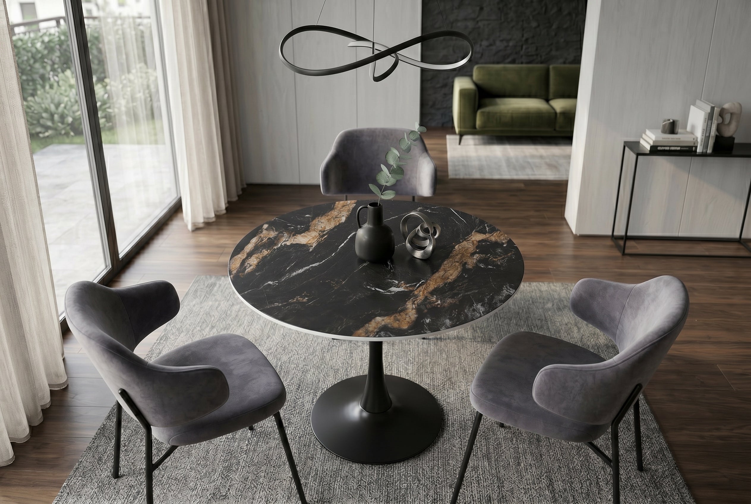 Table à manger ronde LYON 80cm noir doré sable Aurora Oro table de bistrot en céramique piètement pilier
