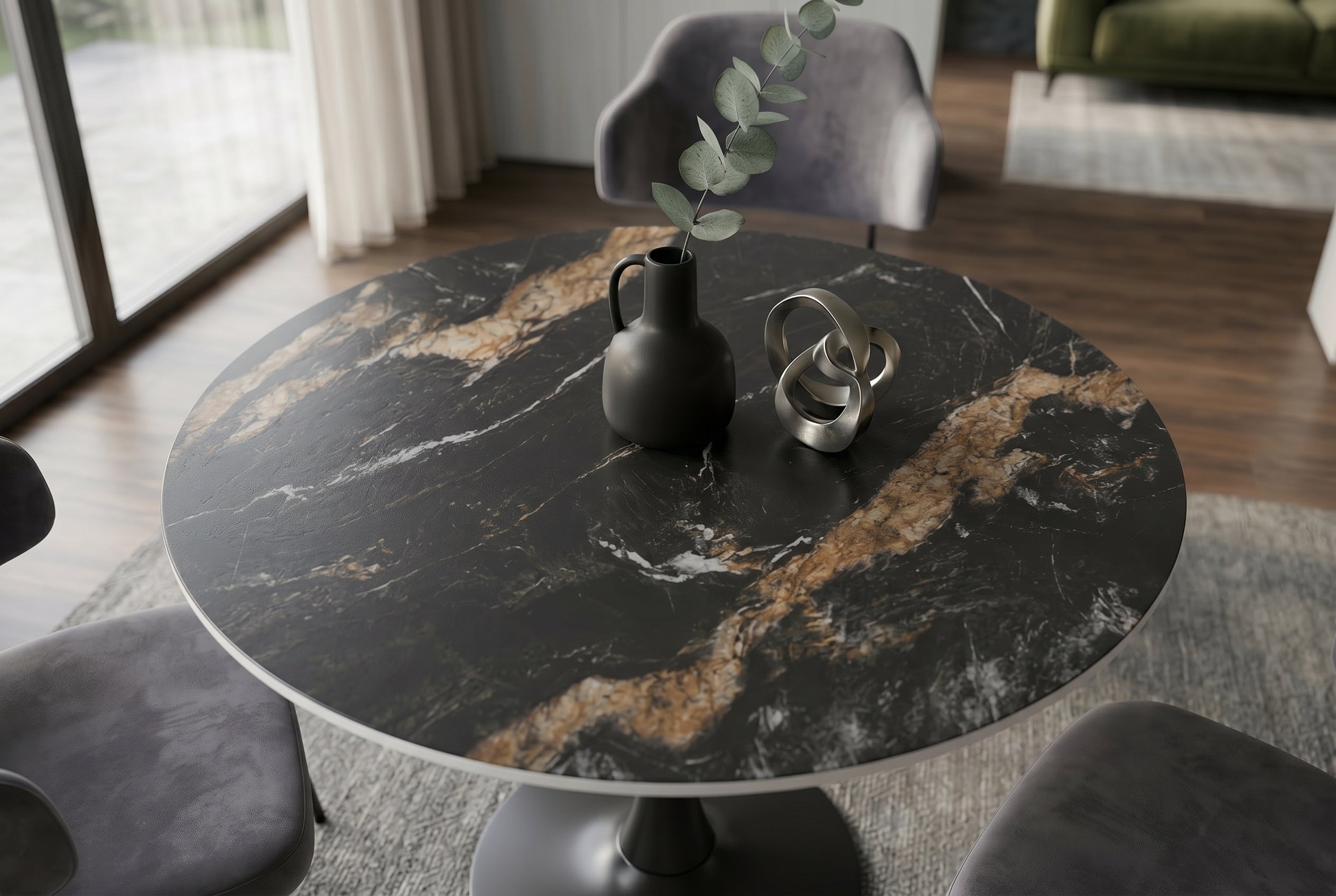 Table à manger ronde LYON 80cm noir doré sable Aurora Oro table de bistrot en céramique piètement pilier