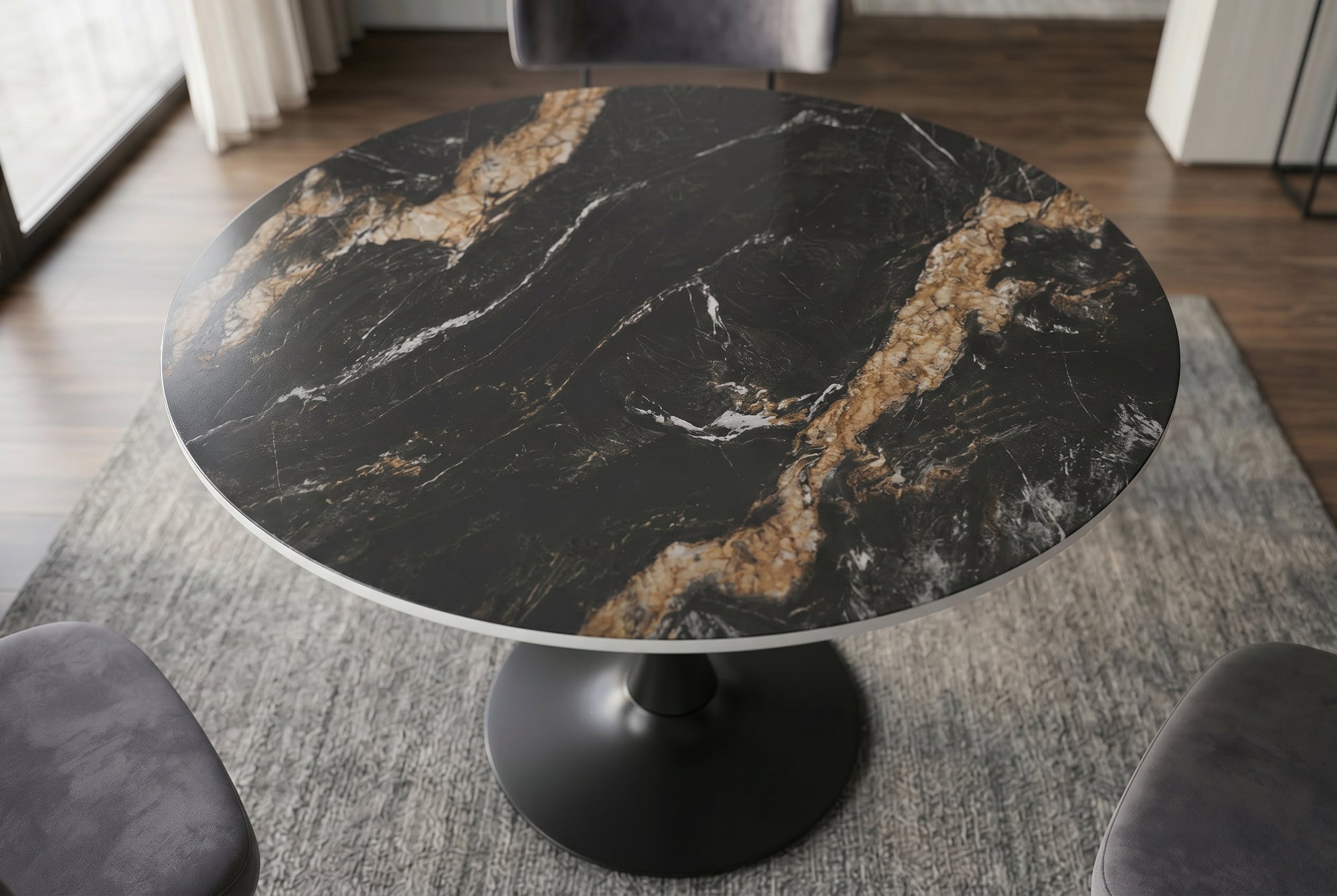 Table à manger ronde LYON 80cm noir doré sable Aurora Oro table de bistrot en céramique piètement pilier