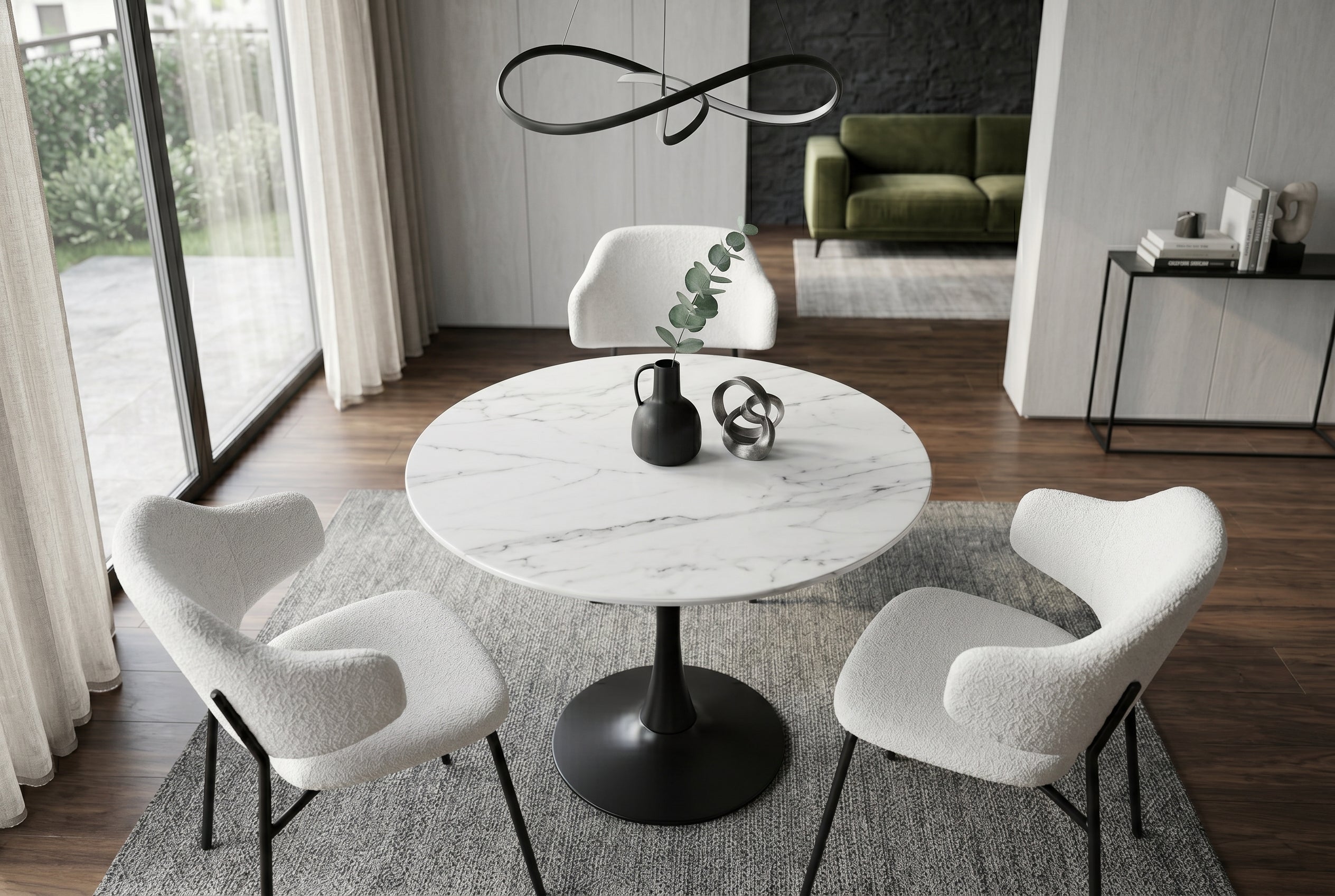 Table à manger ronde LYON 80cm table bistro marbre blanc céramique piètement pilier noir