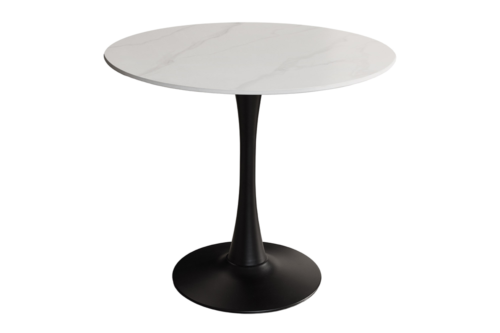 Table à manger ronde LYON 80cm table bistro marbre blanc céramique piètement pilier noir