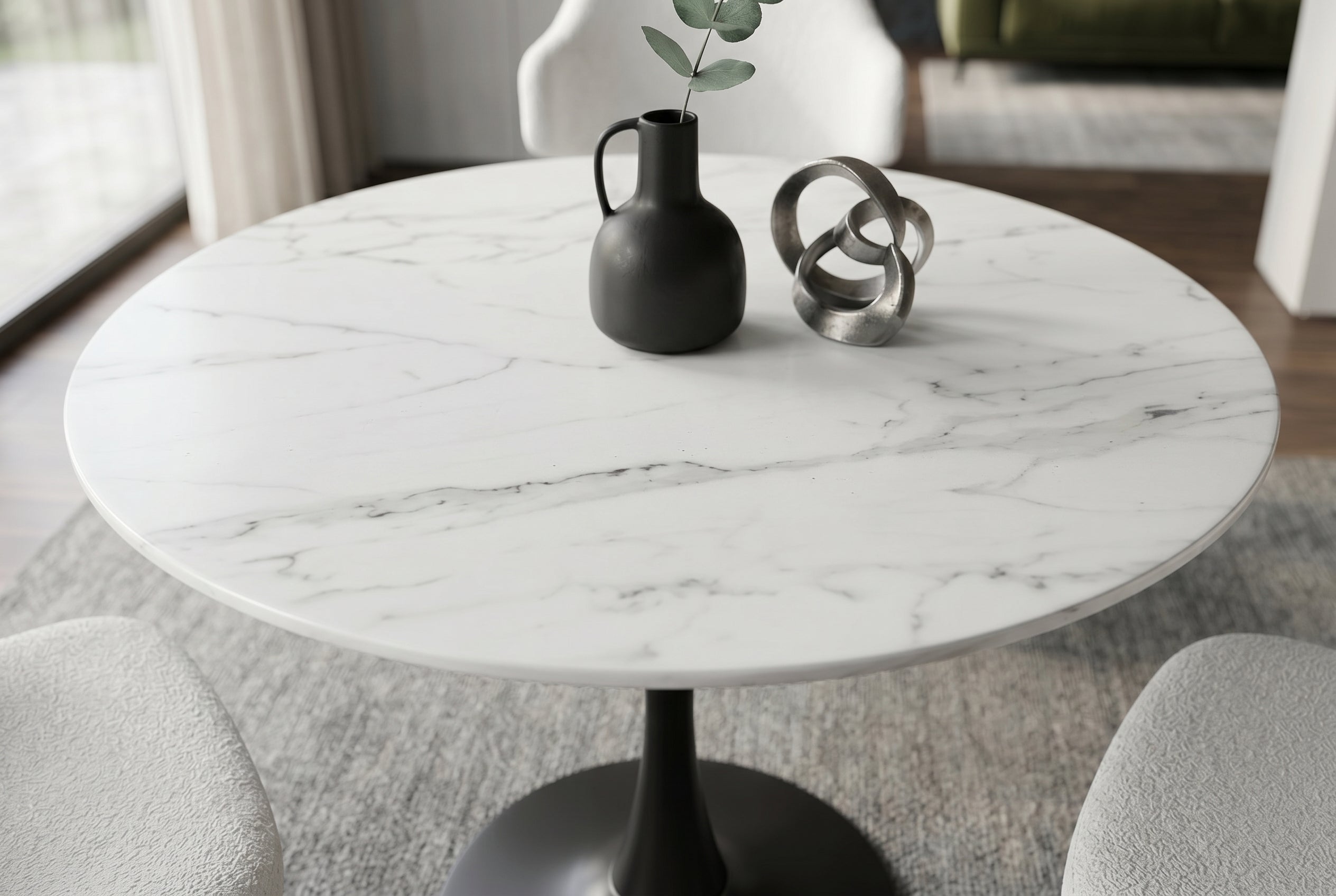Table à manger ronde LYON 80cm table bistro marbre blanc céramique piètement pilier noir