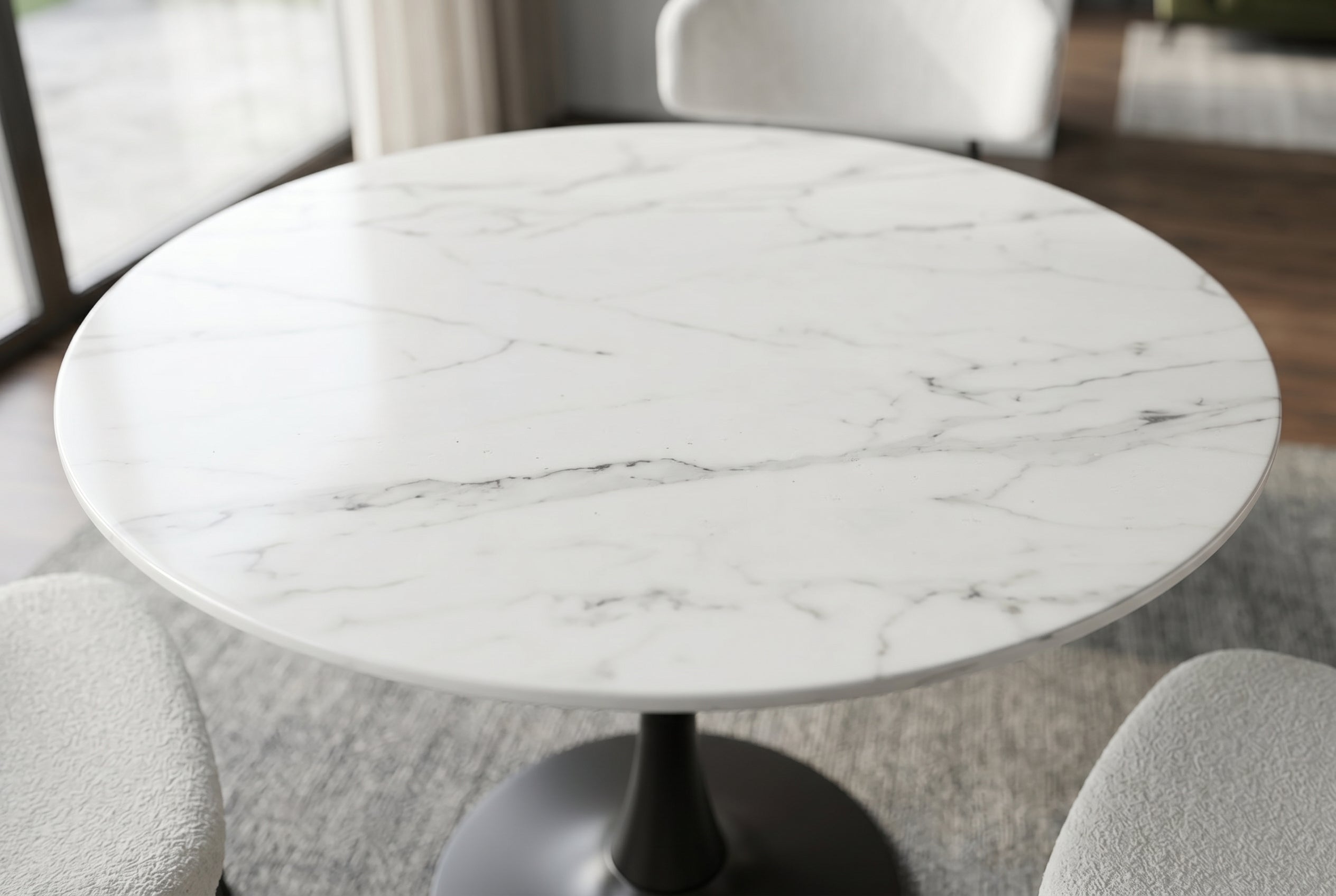 Table à manger ronde LYON 80cm table bistro marbre blanc céramique piètement pilier noir