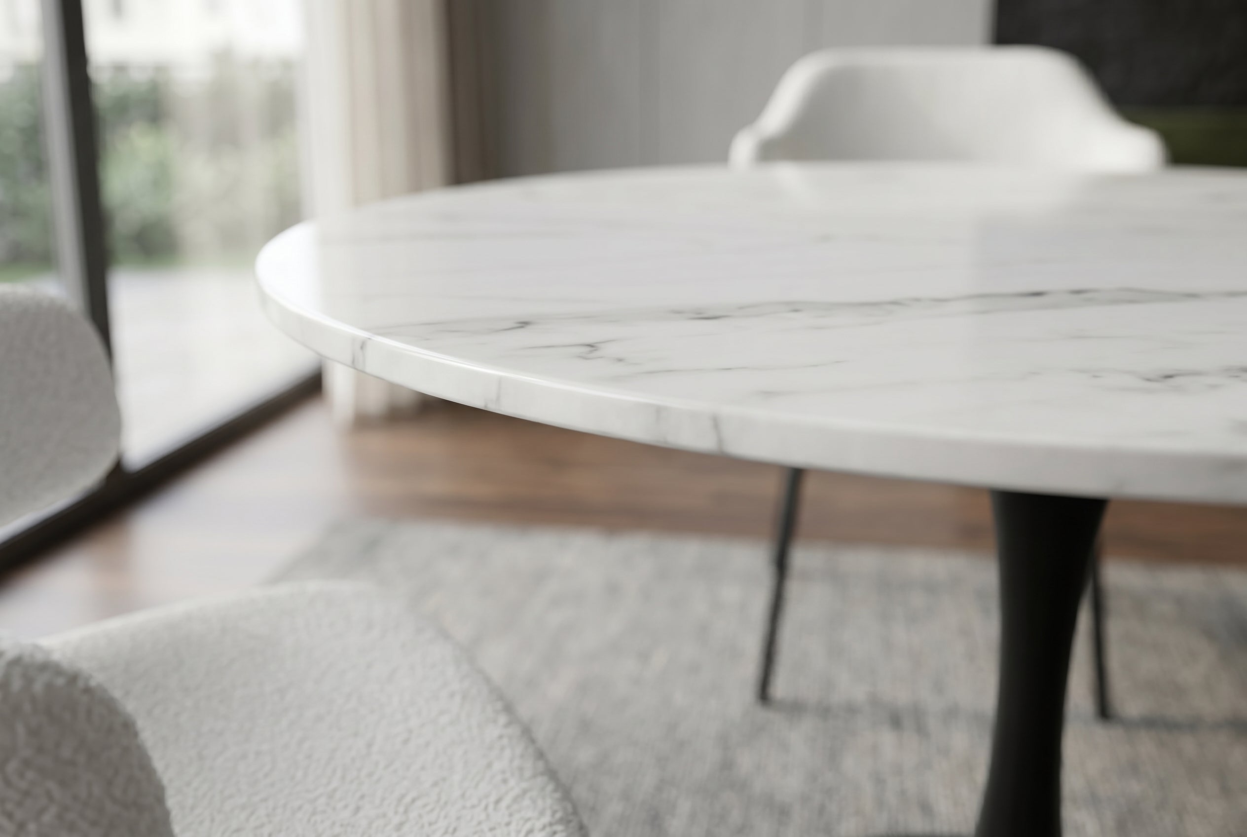 Table à manger ronde LYON 80cm table bistro marbre blanc céramique piètement pilier noir