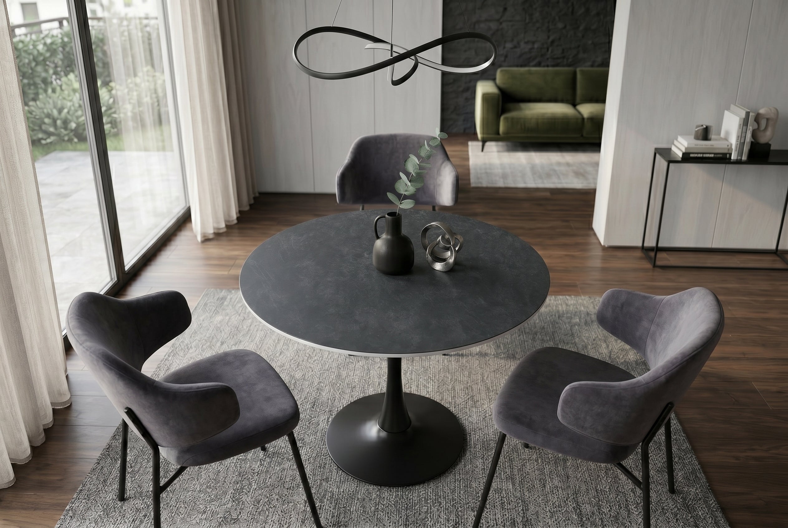 Table à manger ronde LYON 80cm table de bistro en céramique marbre anthracite piètement pilier noir