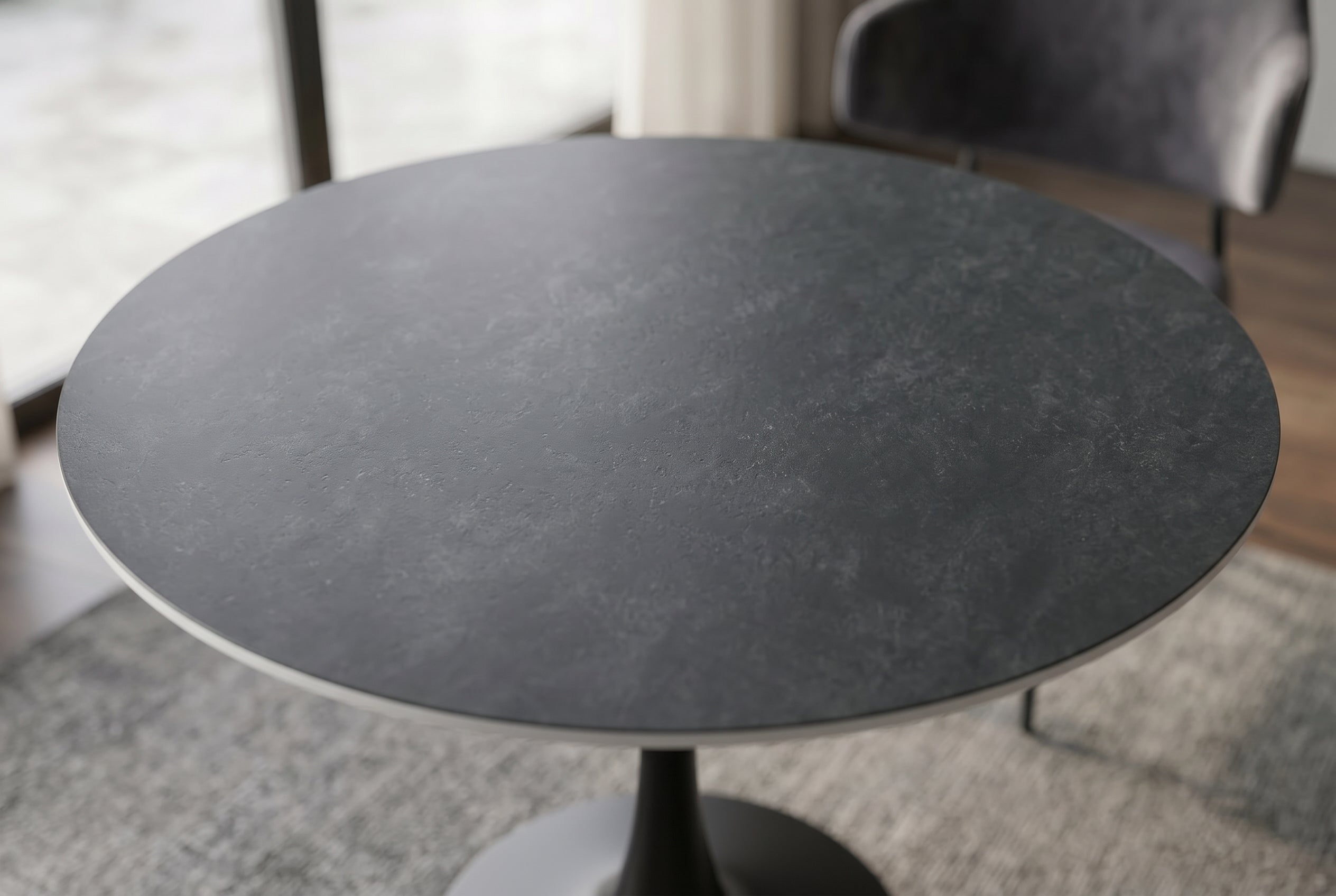 Table à manger ronde LYON 80cm table de bistro en céramique marbre anthracite piètement pilier noir