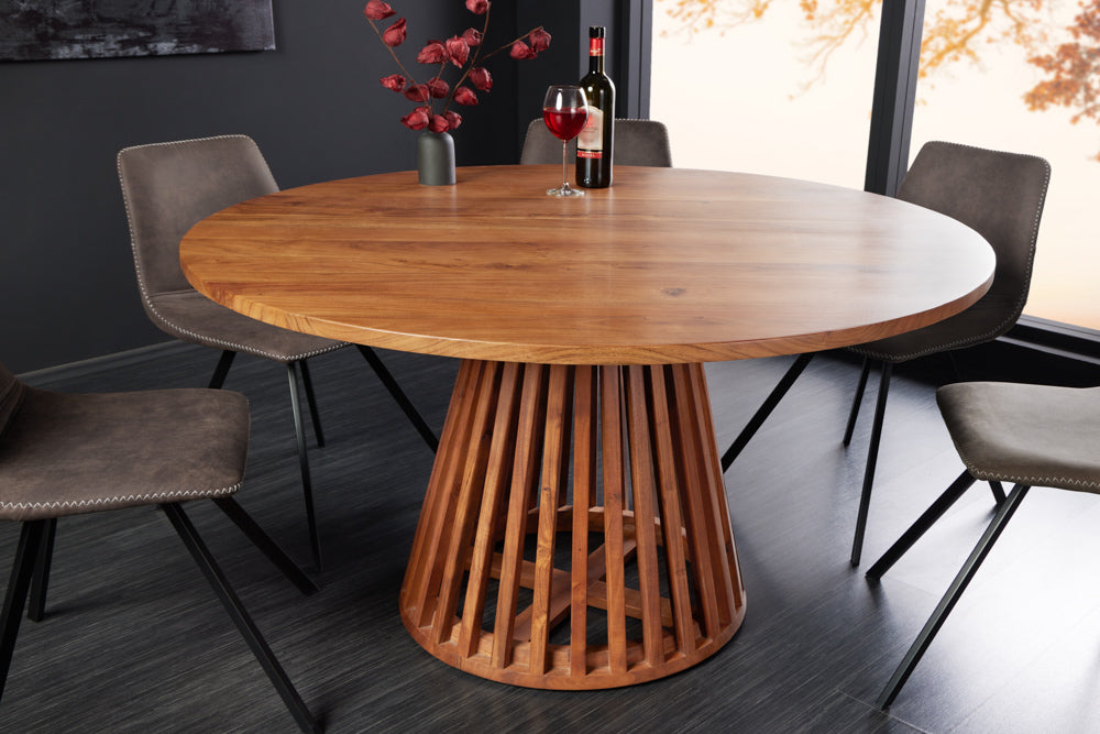 Table à manger ronde MAISON JADE 140cm piètement pilier en bois massif d’acacia naturel