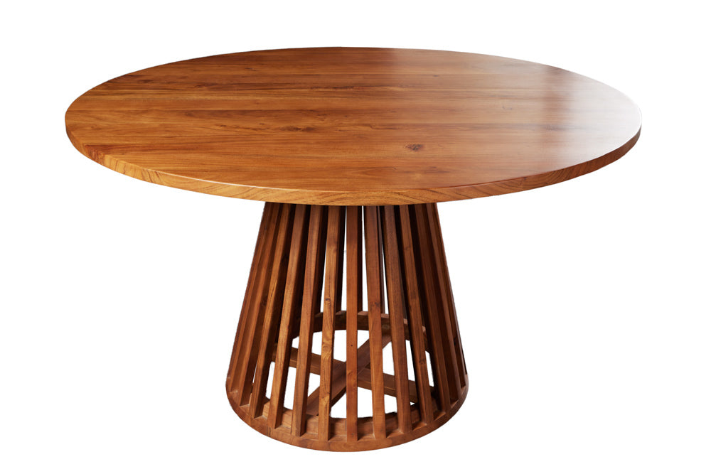 Table à manger ronde MAISON JADE 140cm piètement pilier en bois massif d’acacia naturel