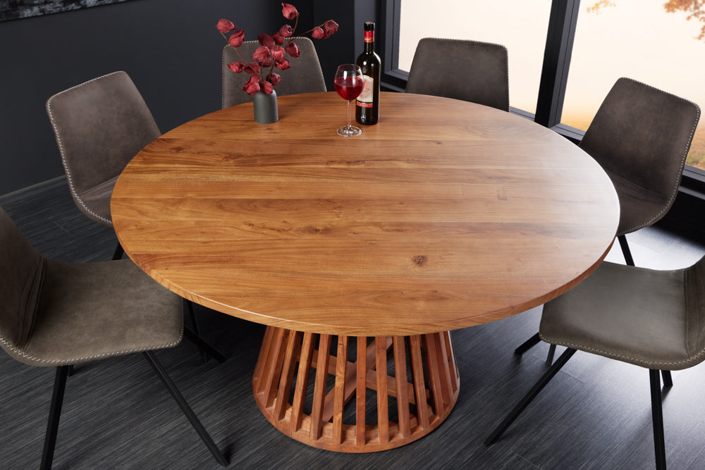 Table à manger ronde MAISON JADE 140cm piètement pilier en bois massif d’acacia naturel