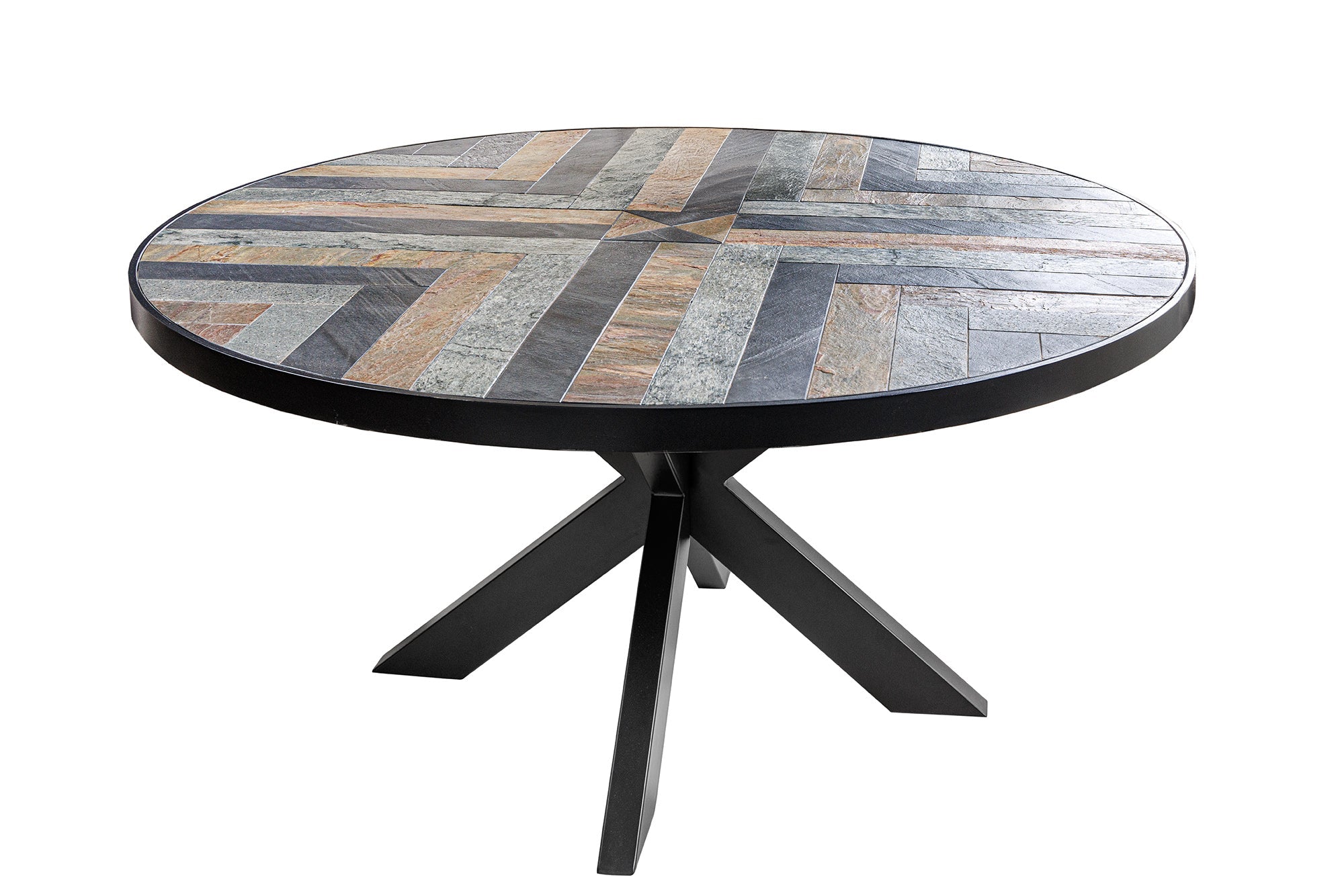 MOUNTAIN SOUL mesa de comedor redonda 120 cm negro gris piedra natural hierro estrella marco