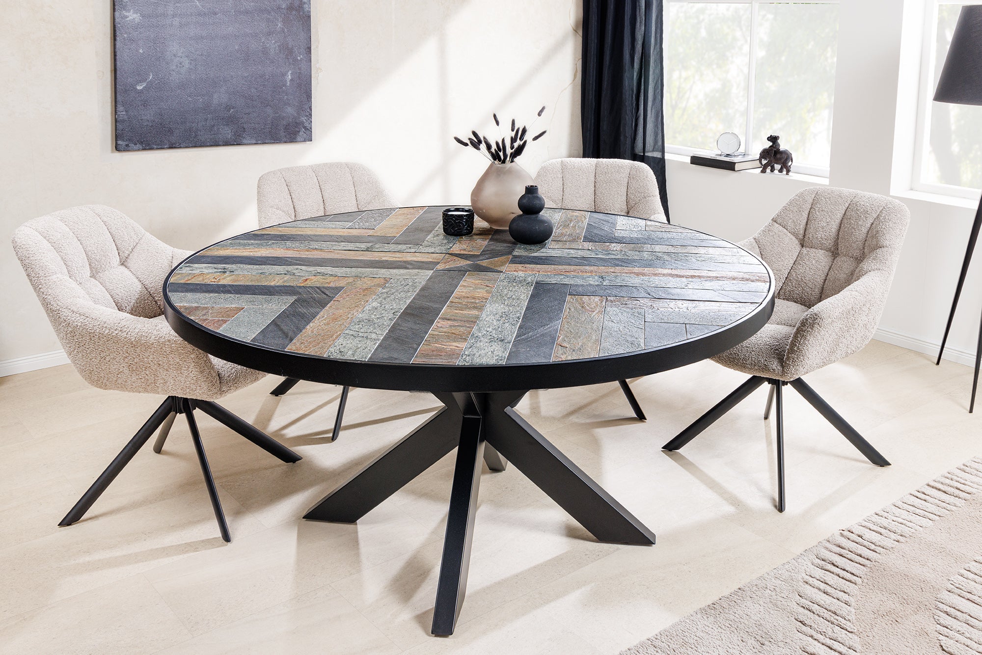 MOUNTAIN SOUL mesa de comedor redonda 120 cm negro gris piedra natural hierro estrella marco