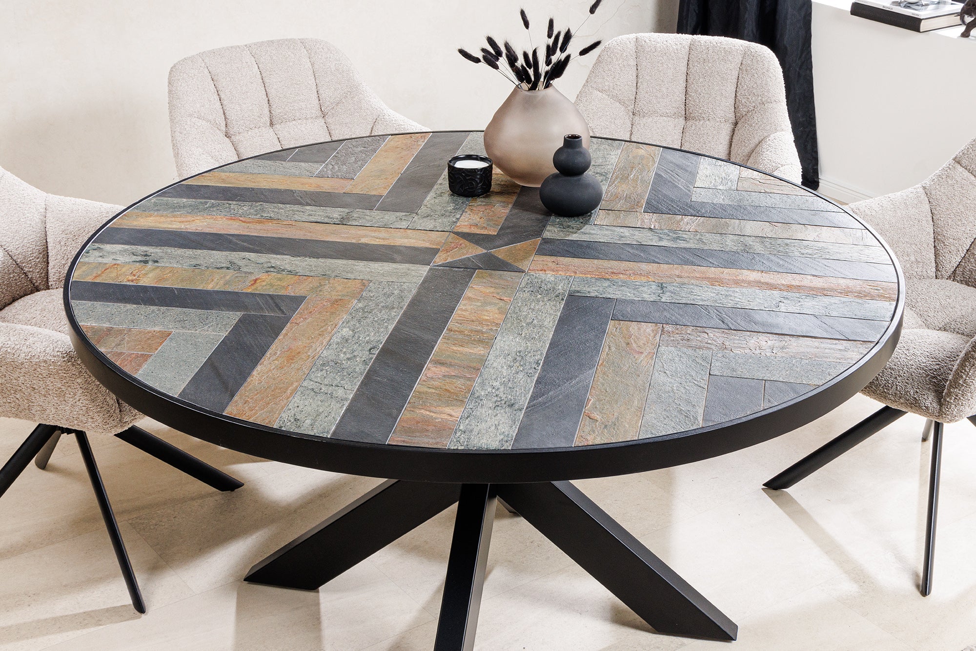 MOUNTAIN SOUL mesa de comedor redonda 140cm negro gris piedra natural hierro estrella marco