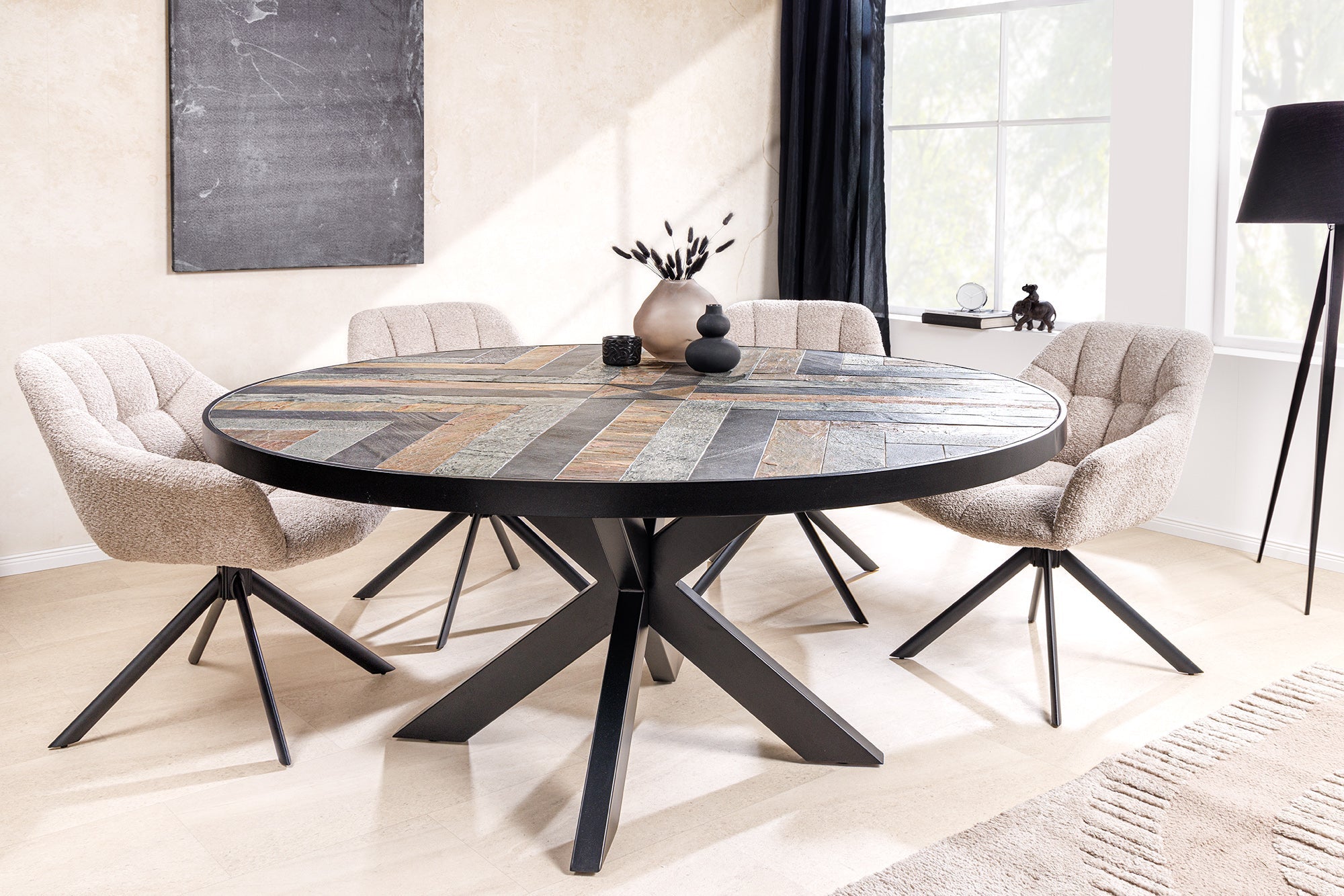 mesa de comedor-redonda-alma-de-montaña-140cm-negro-gris-natural-piedra-marco-hierro-estrella_45673 (inv)