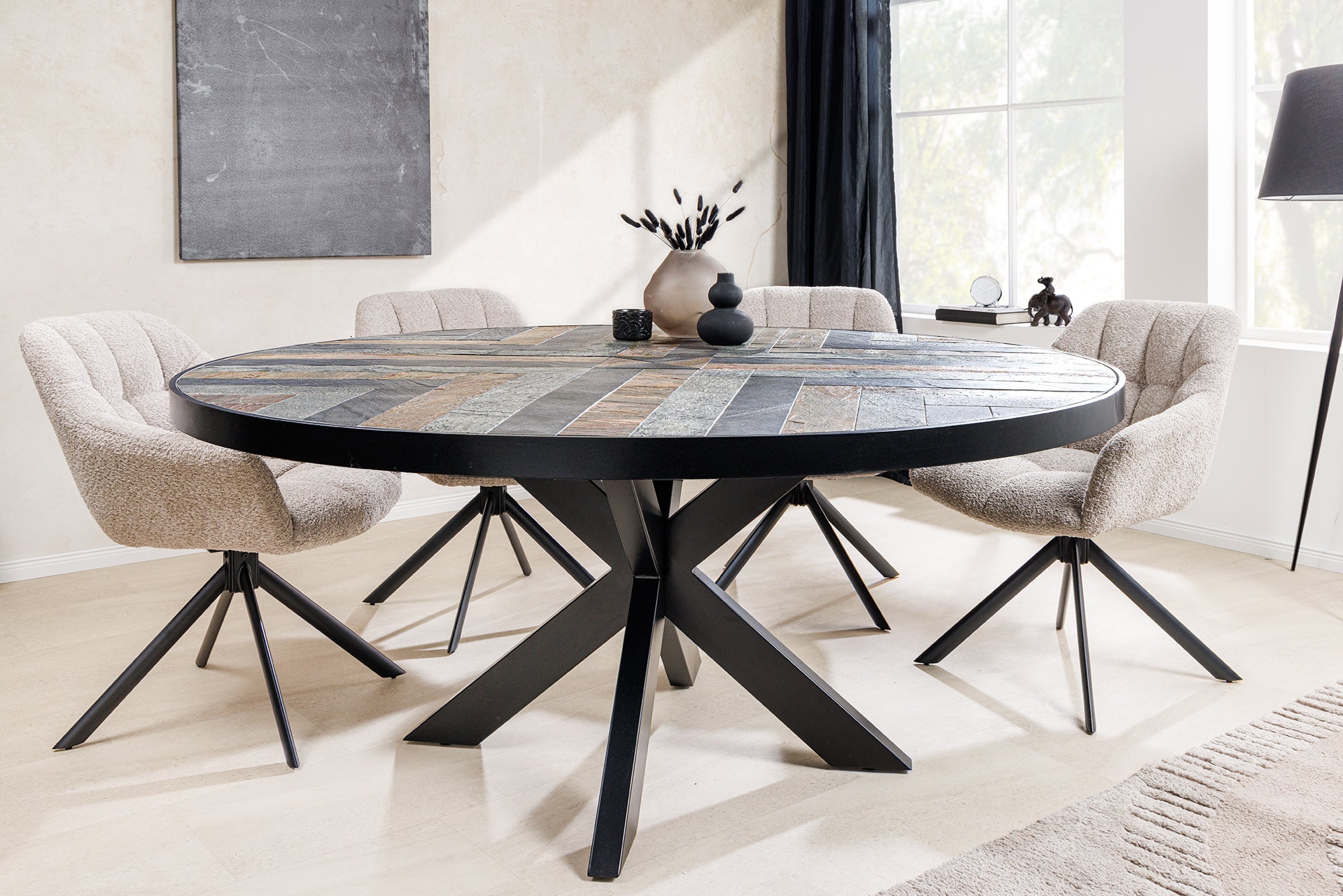 MOUNTAIN SOUL mesa de comedor redonda 140cm negro gris piedra natural hierro estrella marco