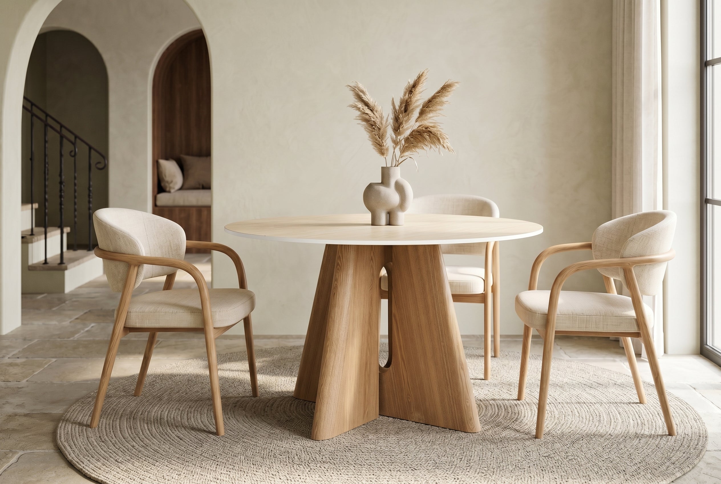Table à manger ronde ORGANIKO 120cm bois de chêne naturel céramique travertin