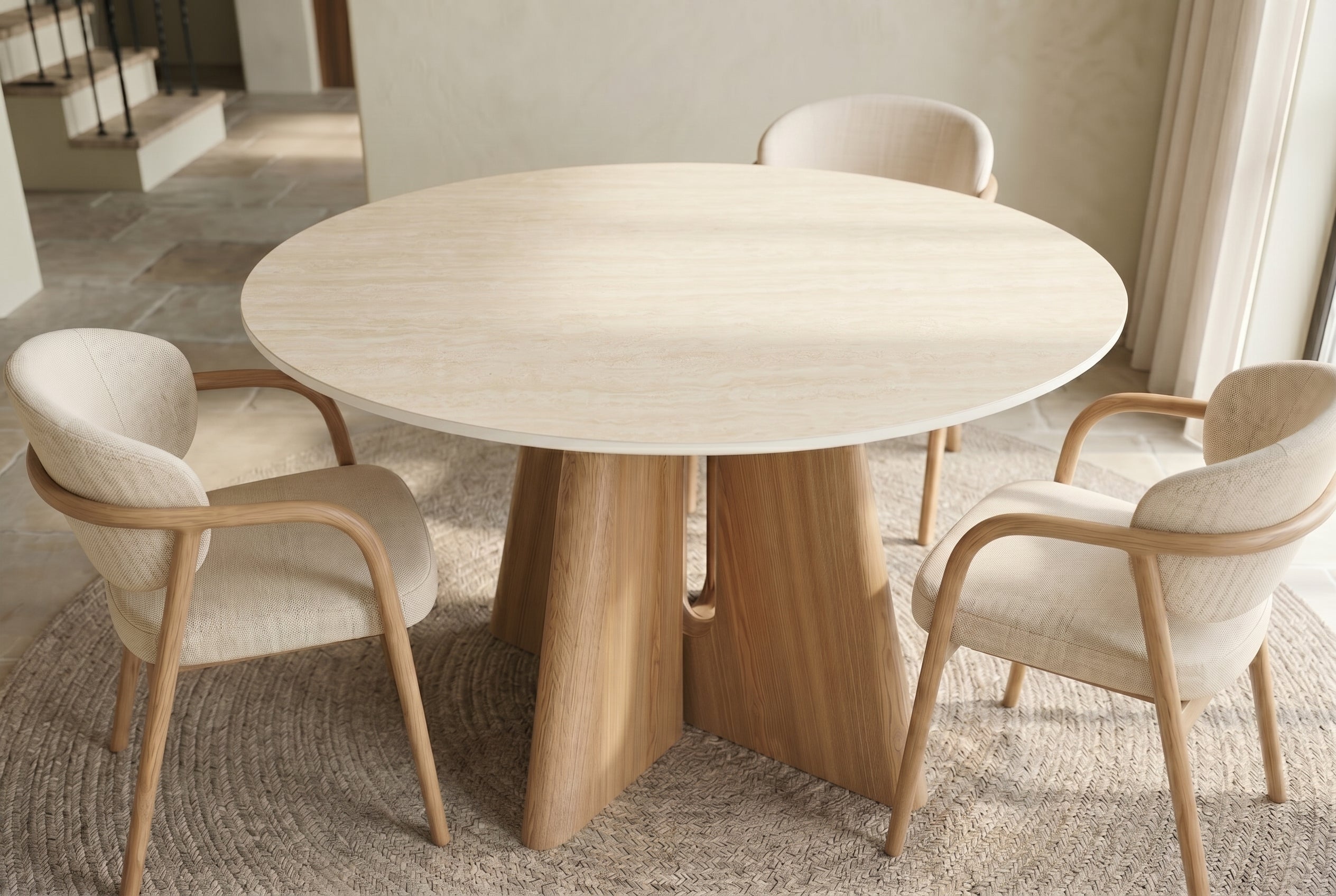 Table à manger ronde ORGANIKO 120cm bois de chêne naturel céramique travertin