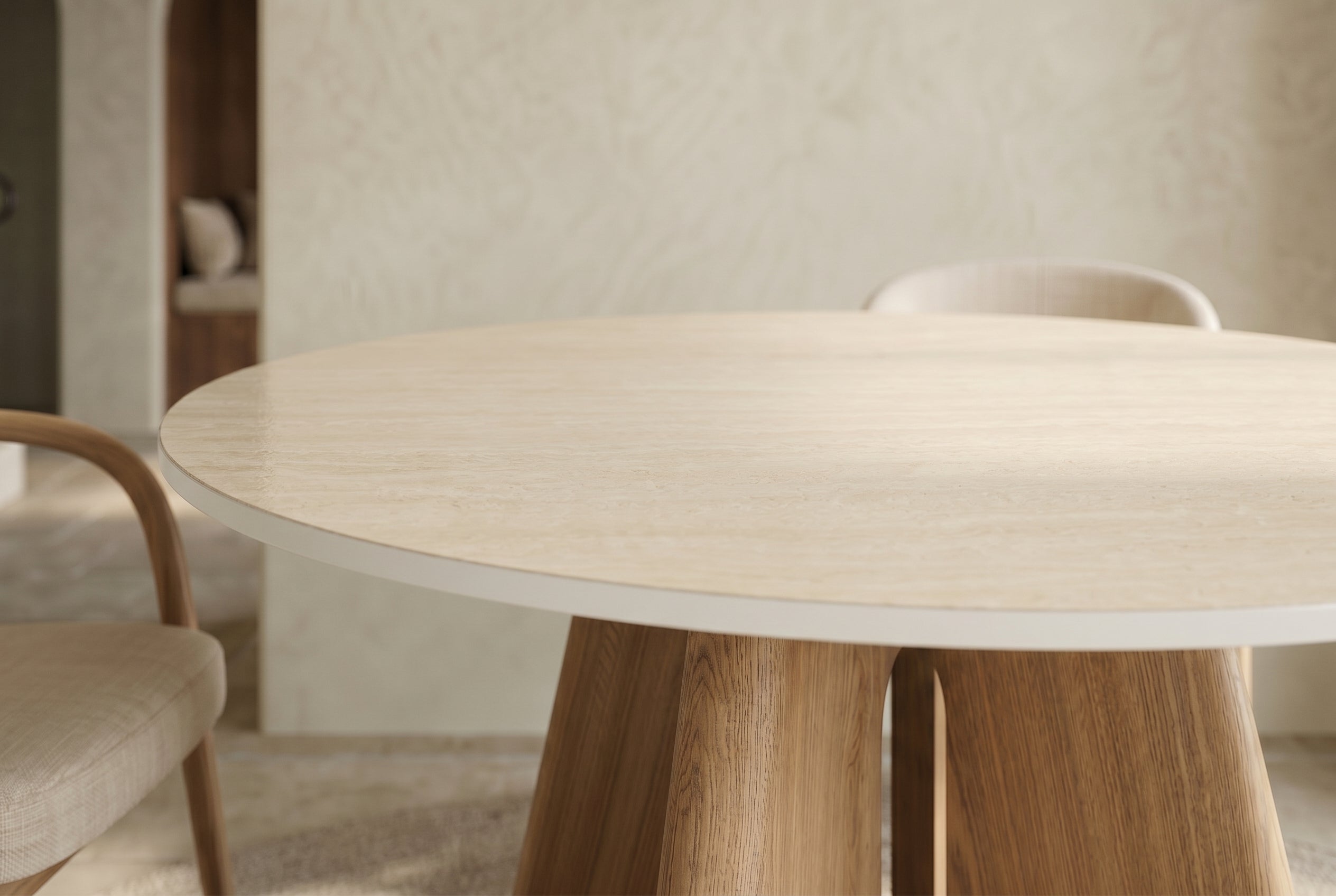 Table à manger ronde ORGANIKO 120cm bois de chêne naturel céramique travertin