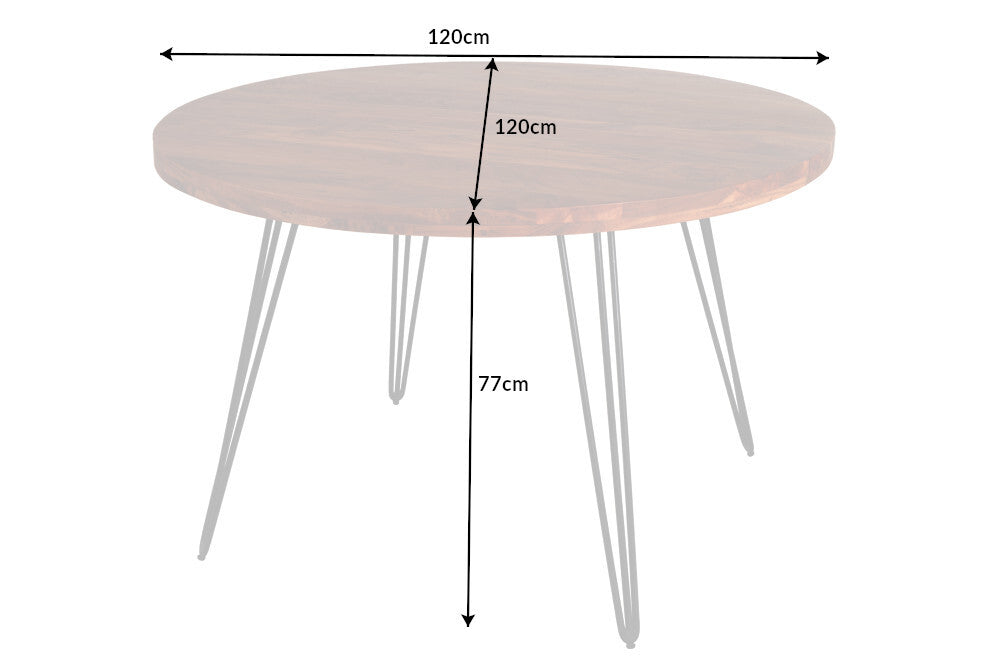 Table à manger ronde SCORPION 120cm en bois massif d’acacia naturel pieds en épingle design rétro