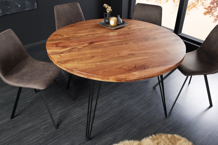 Table à manger ronde SCORPION 120cm en bois massif d’acacia naturel pieds en épingle design rétro