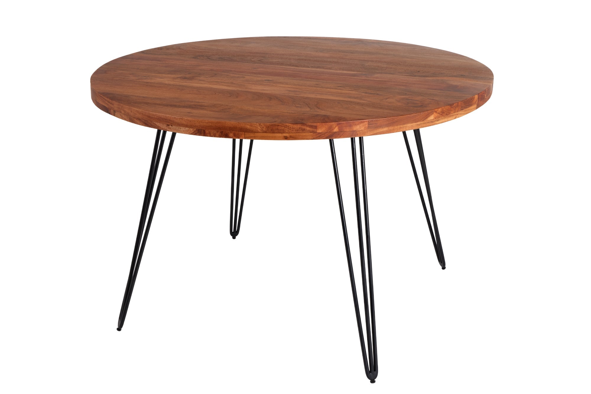 Table à manger ronde SCORPION 120cm en bois massif d’acacia naturel pieds en épingle design rétro