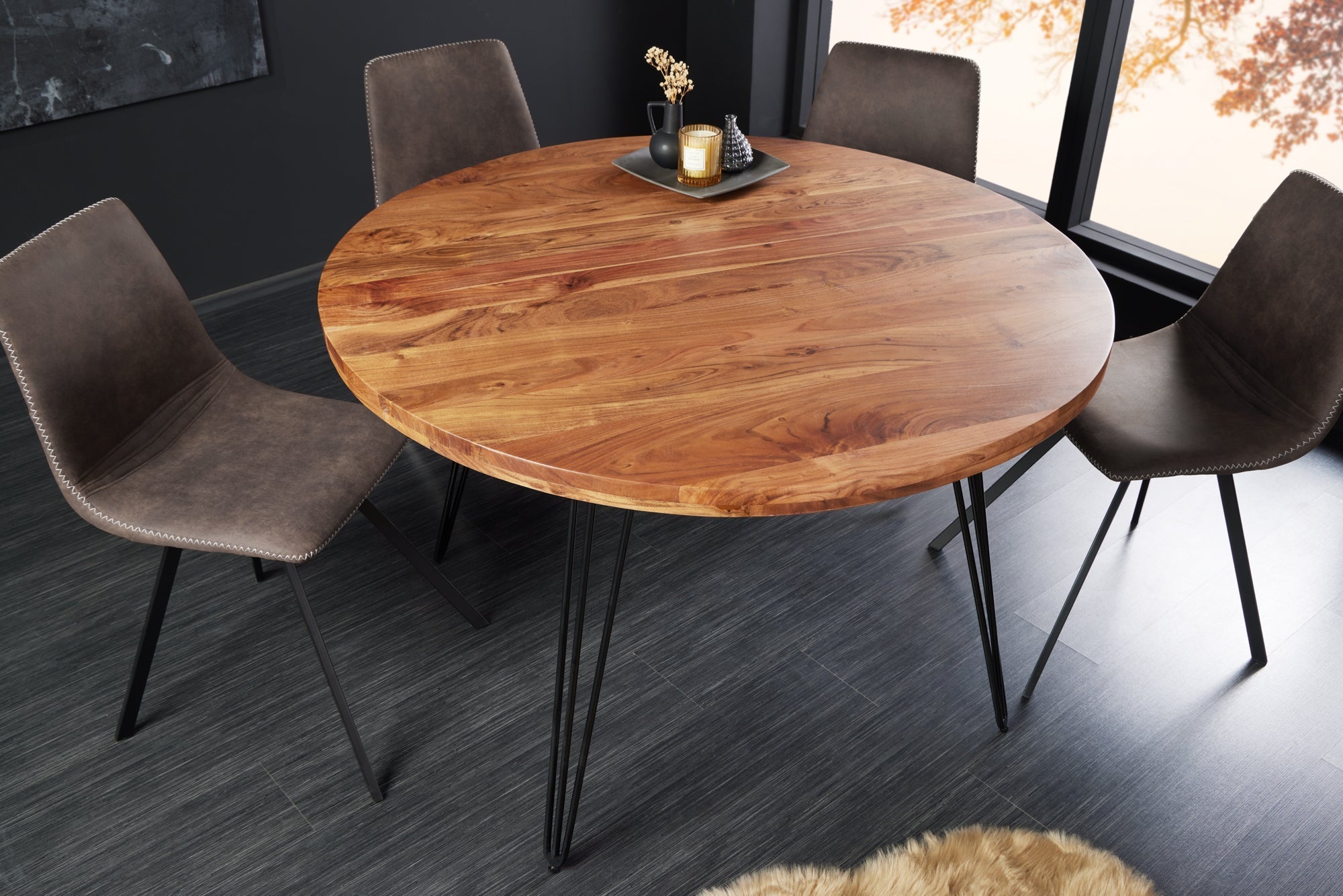 Table à manger ronde SCORPION 120cm en bois massif d’acacia naturel pieds en épingle design rétro