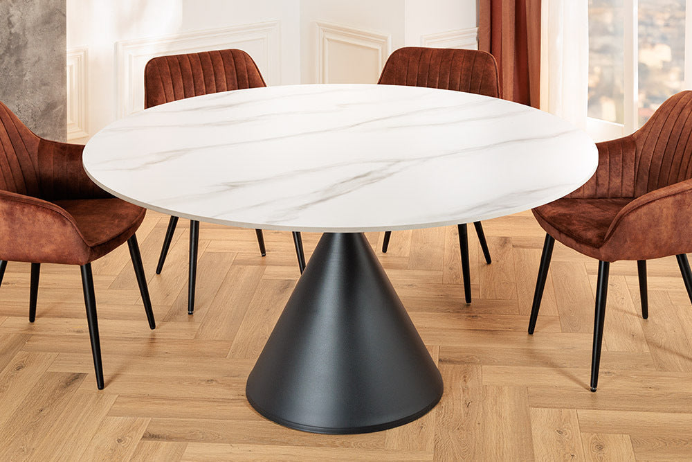 Table à manger ronde SIGNATURE 135cm marbre blanc céramique structure métal noir piètement colonne