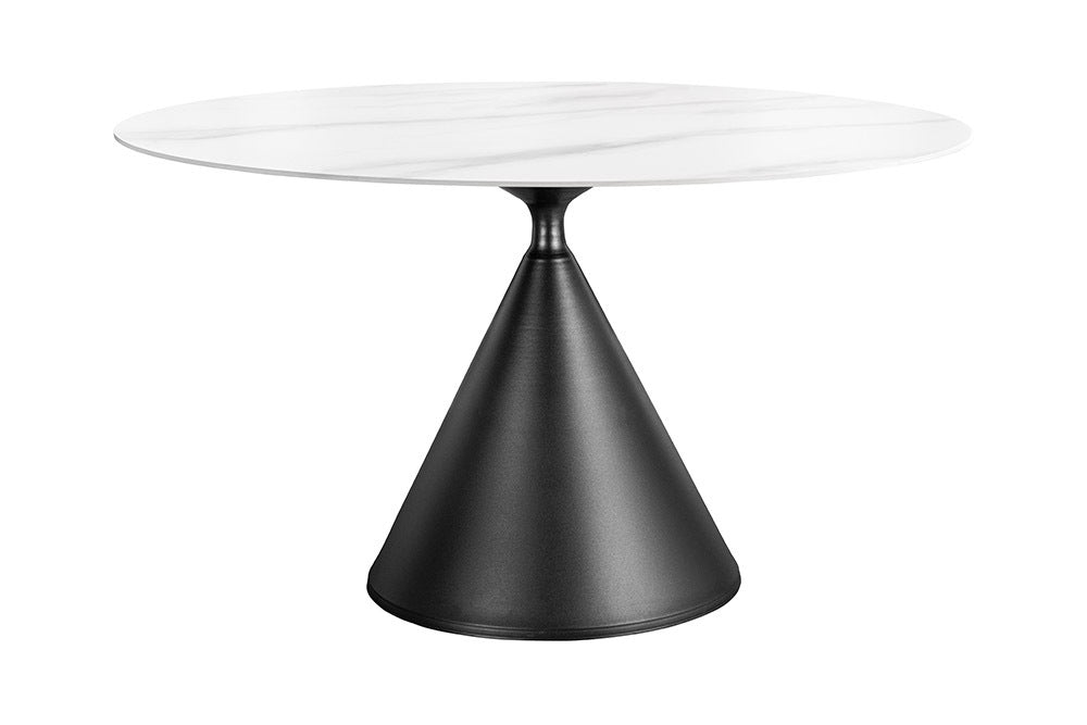 Table à manger ronde SIGNATURE 135cm marbre blanc céramique structure métal noir piètement colonne
