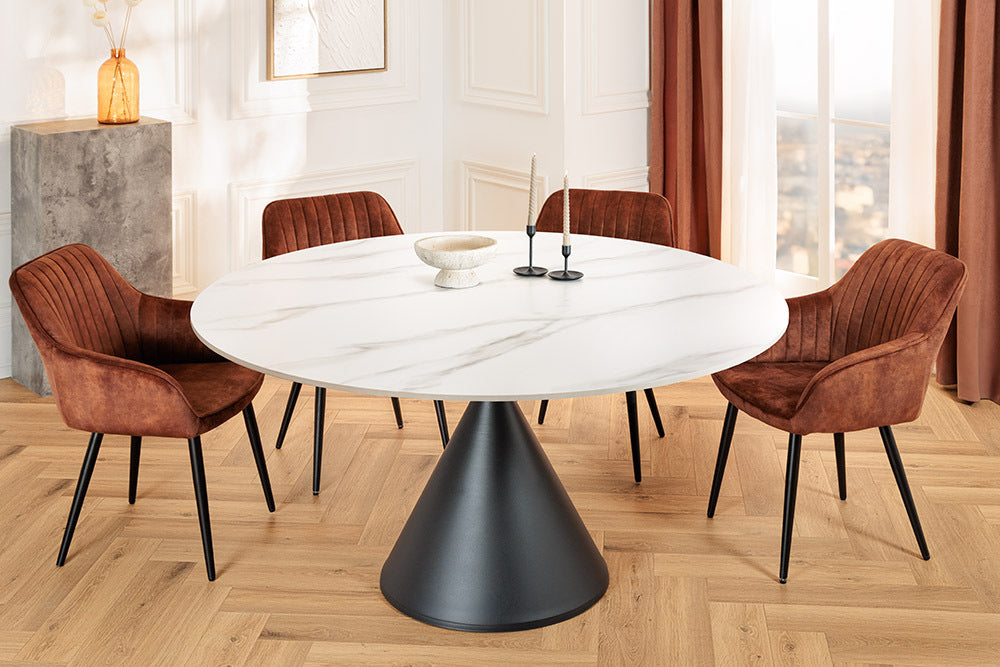 Table à manger ronde SIGNATURE 135cm marbre blanc céramique structure métal noir piètement colonne