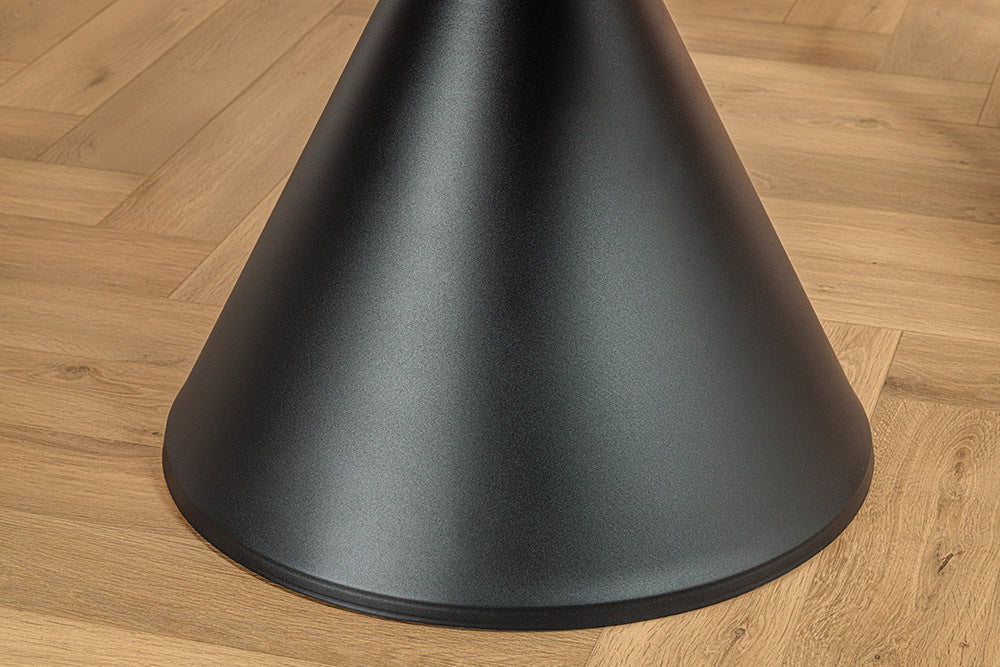 Table à manger ronde SIGNATURE 135cm marbre blanc céramique structure métal noir piètement colonne