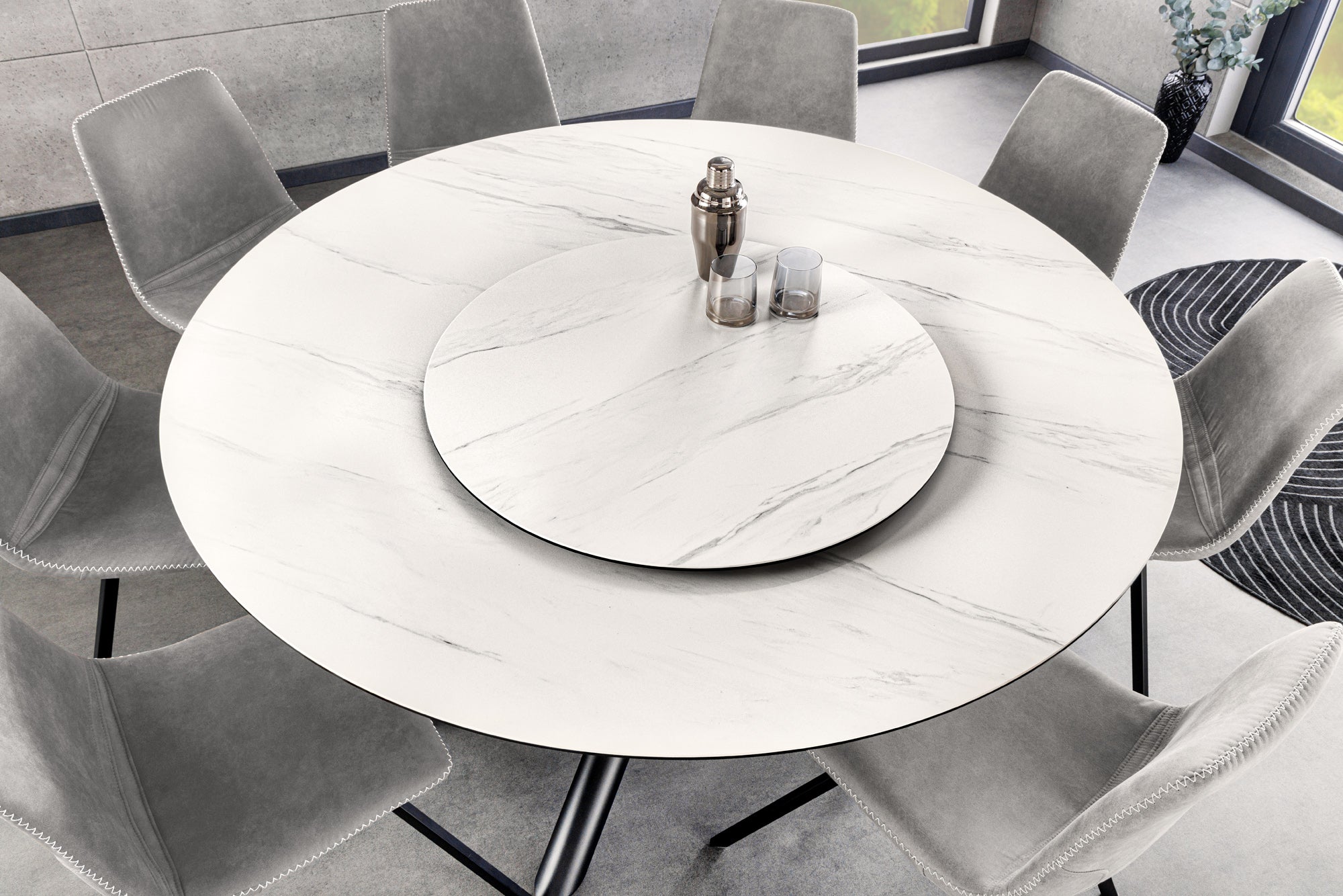 SPIN Mesa de comedor redonda blanca de 150 cm con tablero de mármol cerámico negro giratorio 360