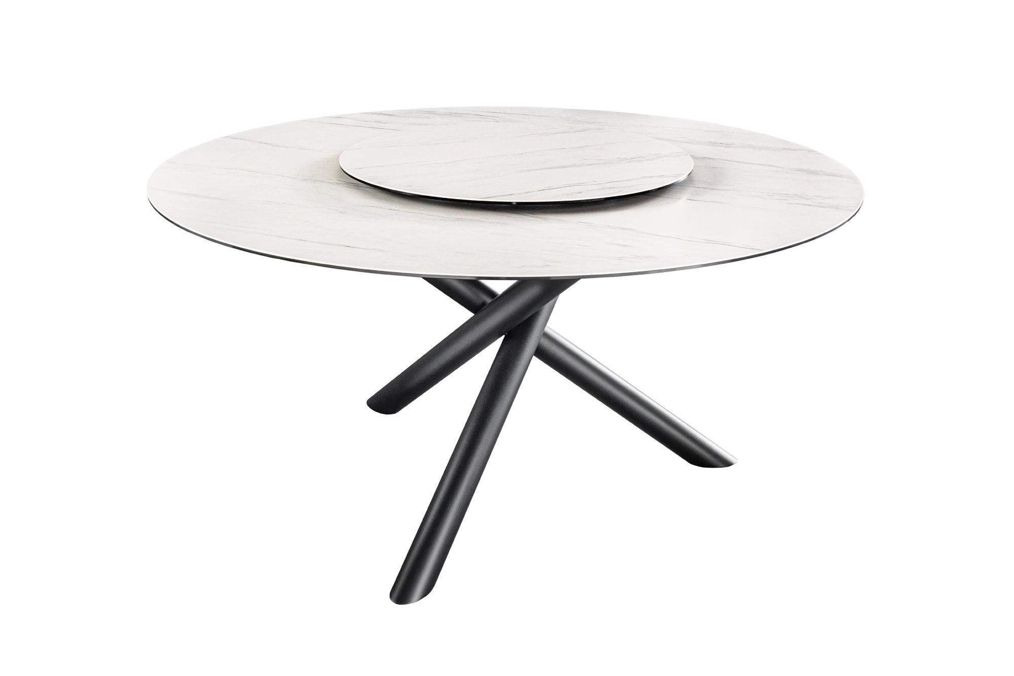 SPIN Mesa de comedor redonda blanca de 150 cm con tablero de mármol cerámico negro giratorio 360