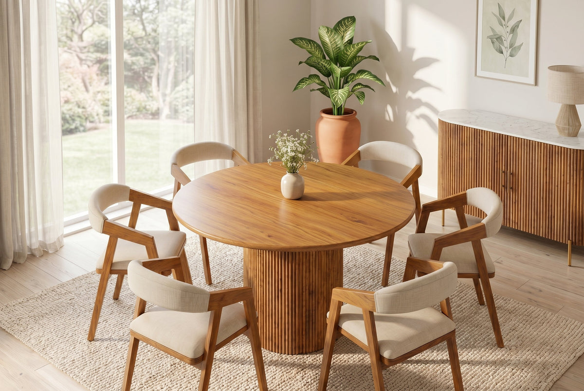 Table à manger ronde TRES CHIC 120cm en manguier massif marron avec rangements