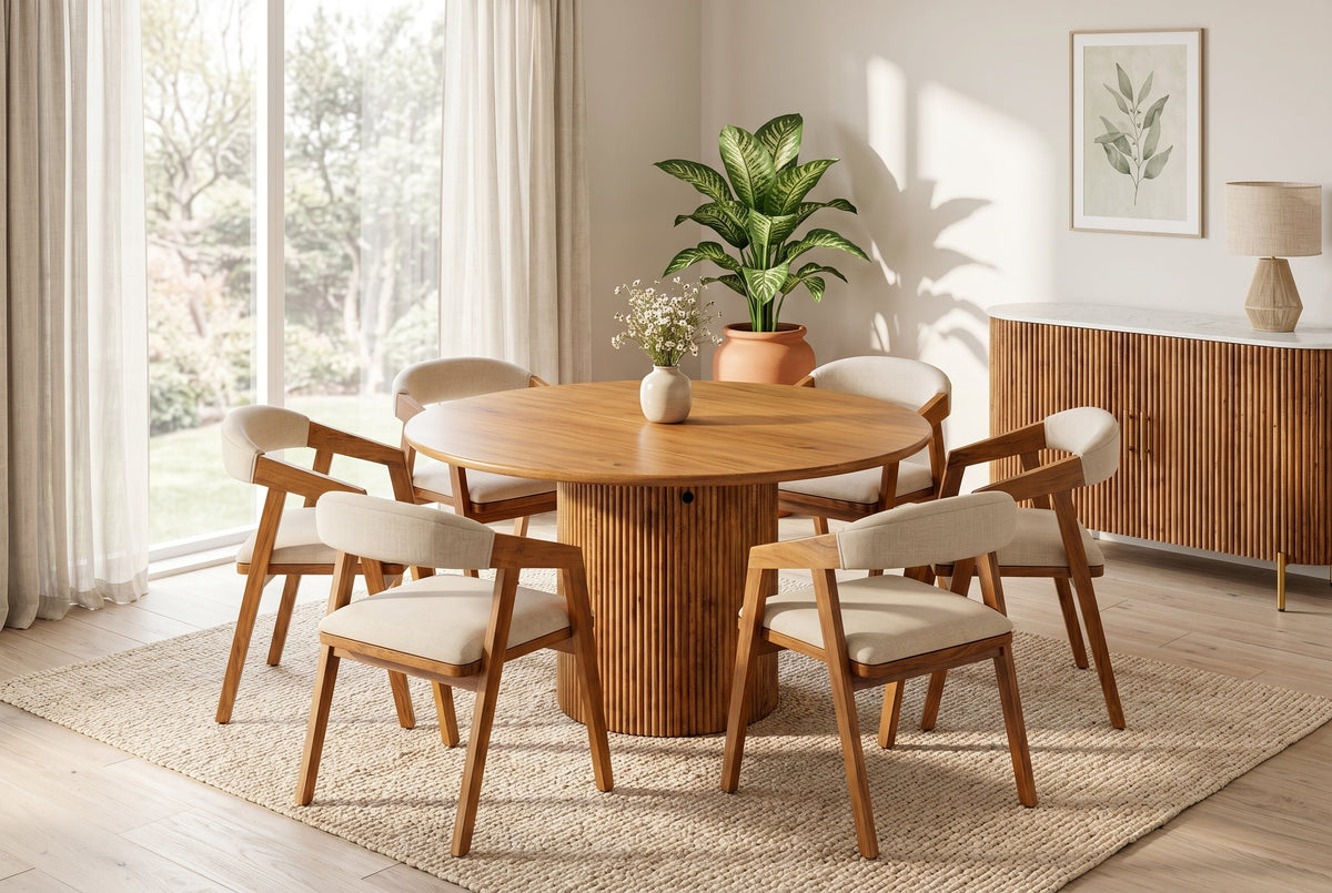 Table à manger ronde TRES CHIC 120cm en manguier massif marron avec rangements