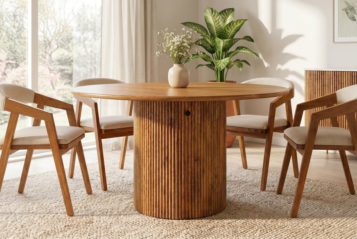 Table à manger ronde TRES CHIC 120cm en manguier massif marron avec rangements