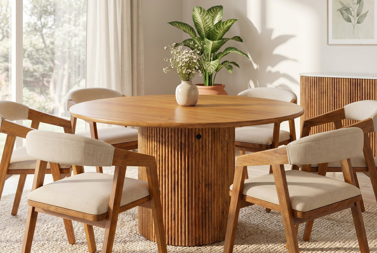 Table à manger ronde TRES CHIC 120cm en manguier massif marron avec rangements