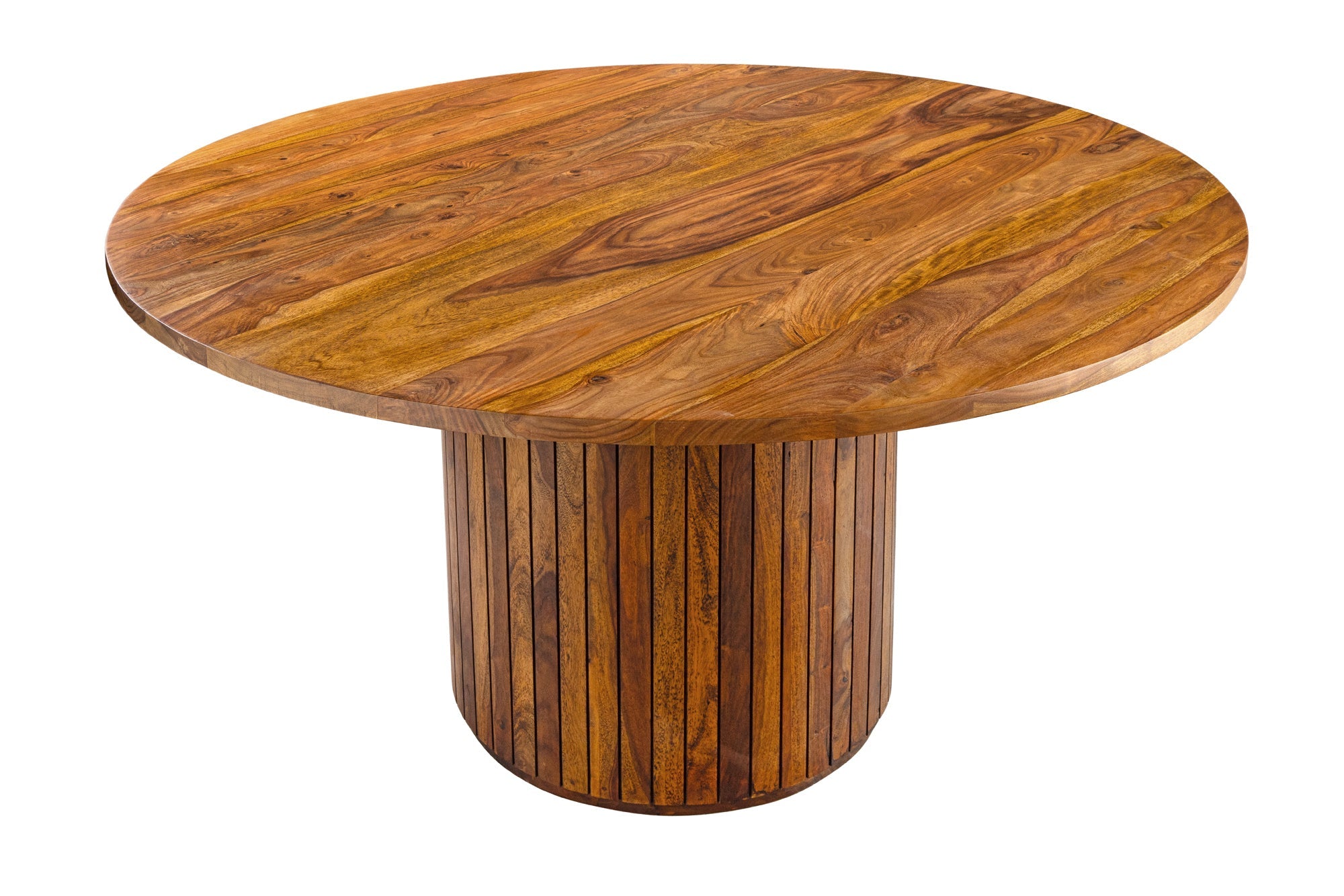 Table à manger ronde TRES CHIC 140cm bois de sheesham marron finition pierre massif avec piètement colonne