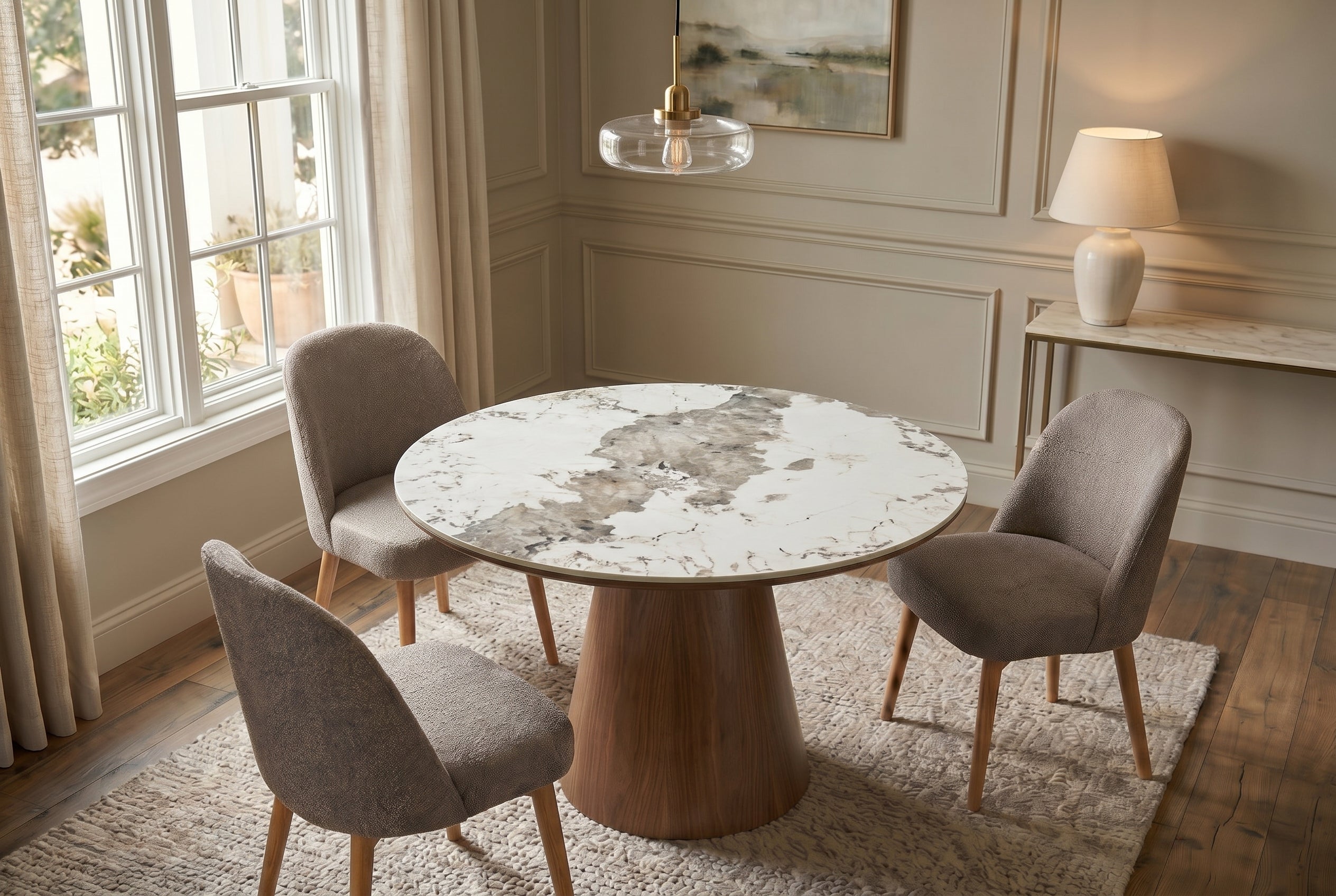 Table à manger ronde UNIQUE 120cm blanc gris marron Pandora piètement pilier en céramique noyer