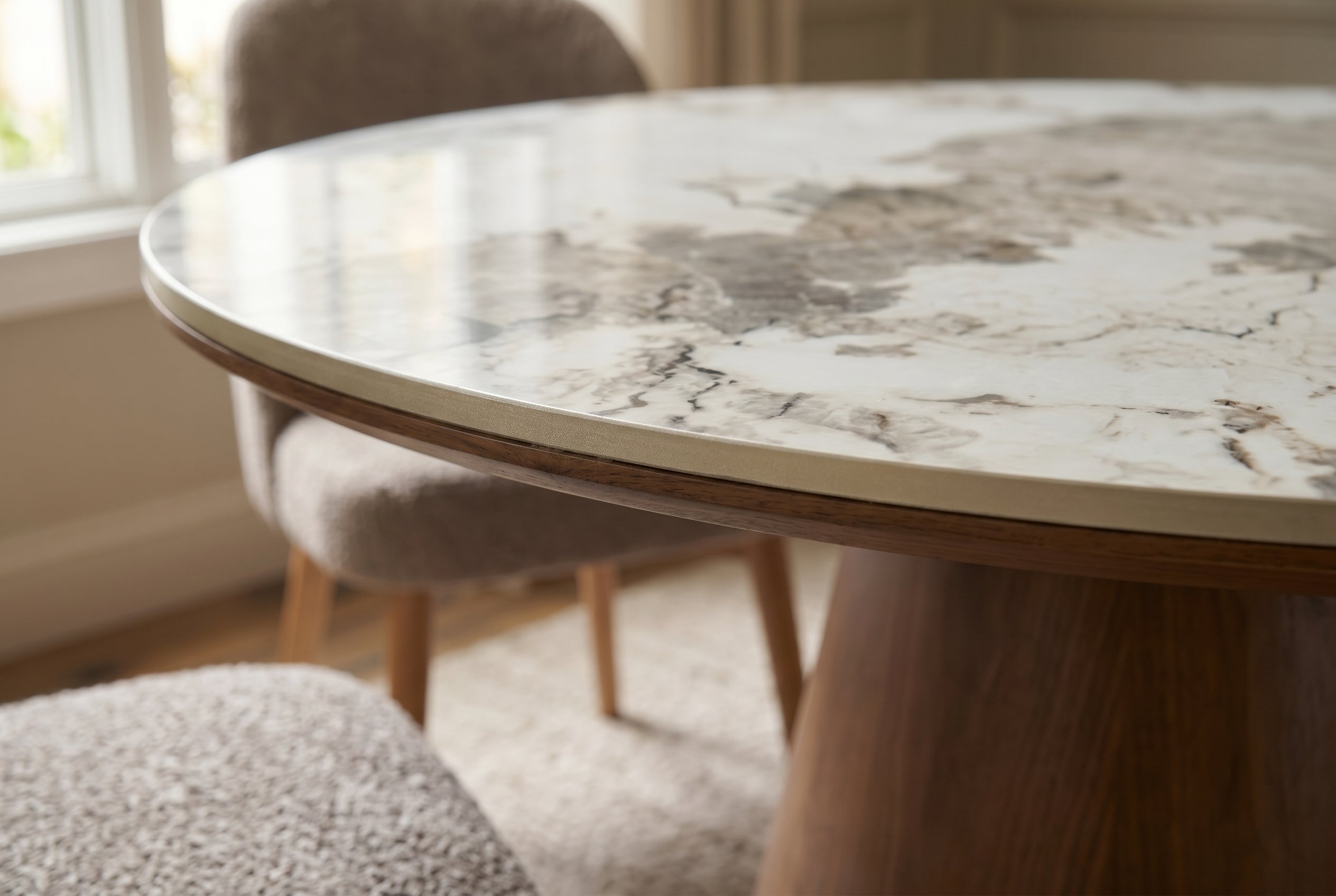 Table à manger ronde UNIQUE 120cm blanc gris marron Pandora piètement pilier en céramique noyer