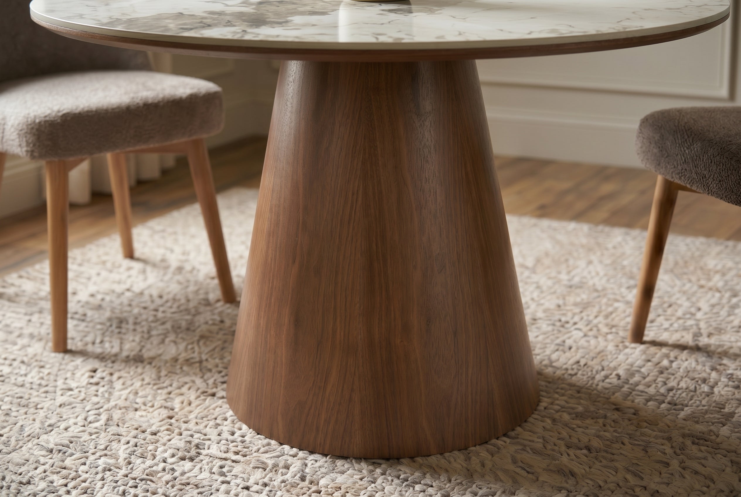 Table à manger ronde UNIQUE 120cm blanc gris marron Pandora piètement pilier en céramique noyer