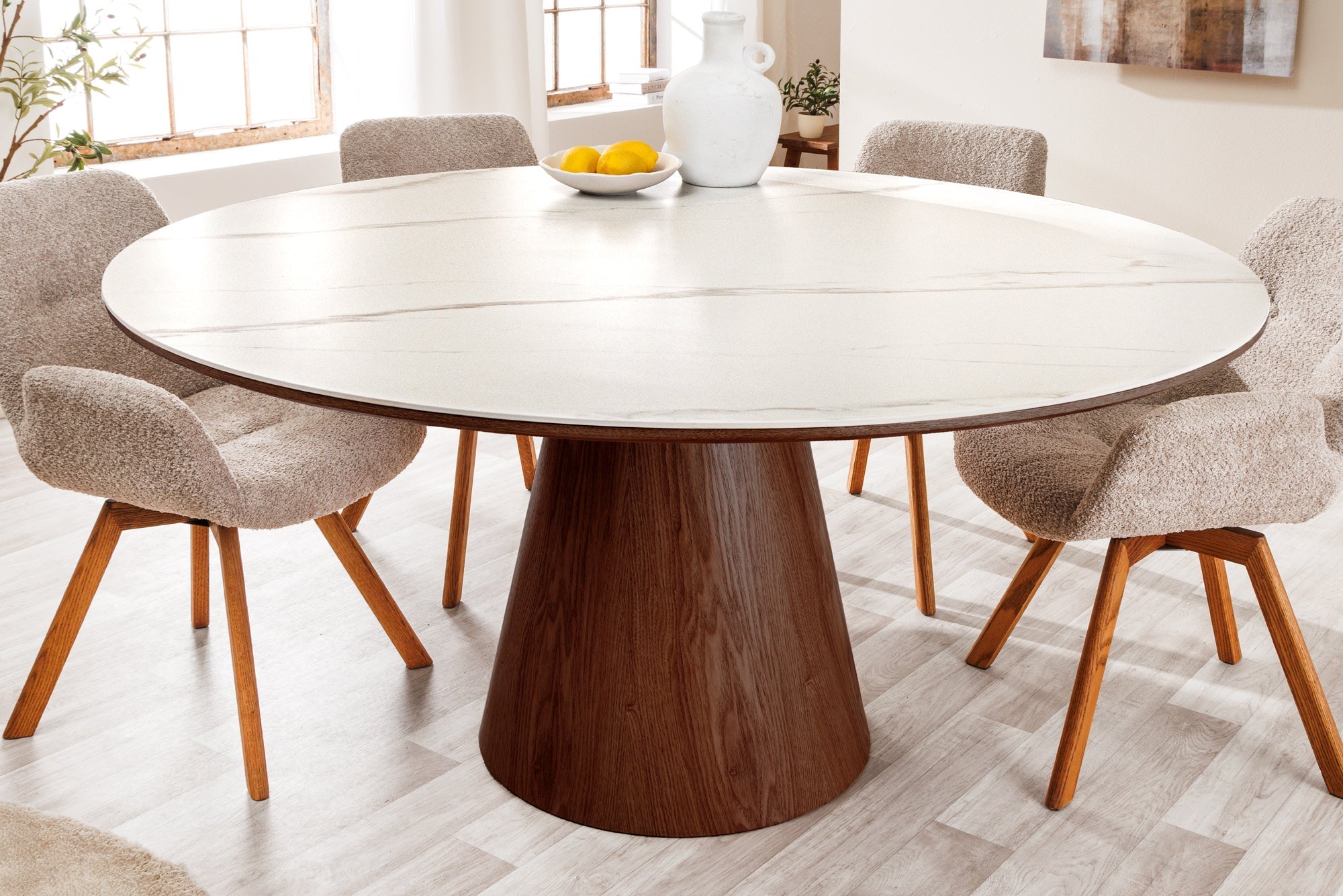 Table à manger ronde UNIQUE 120cm blanc marron noyer bois céramique marbre base pilier