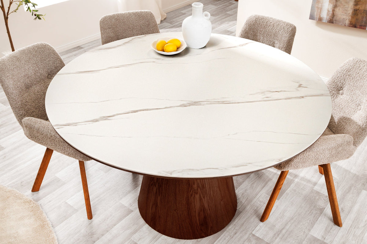 Table à manger ronde UNIQUE 120cm blanc marron noyer bois céramique marbre base pilier