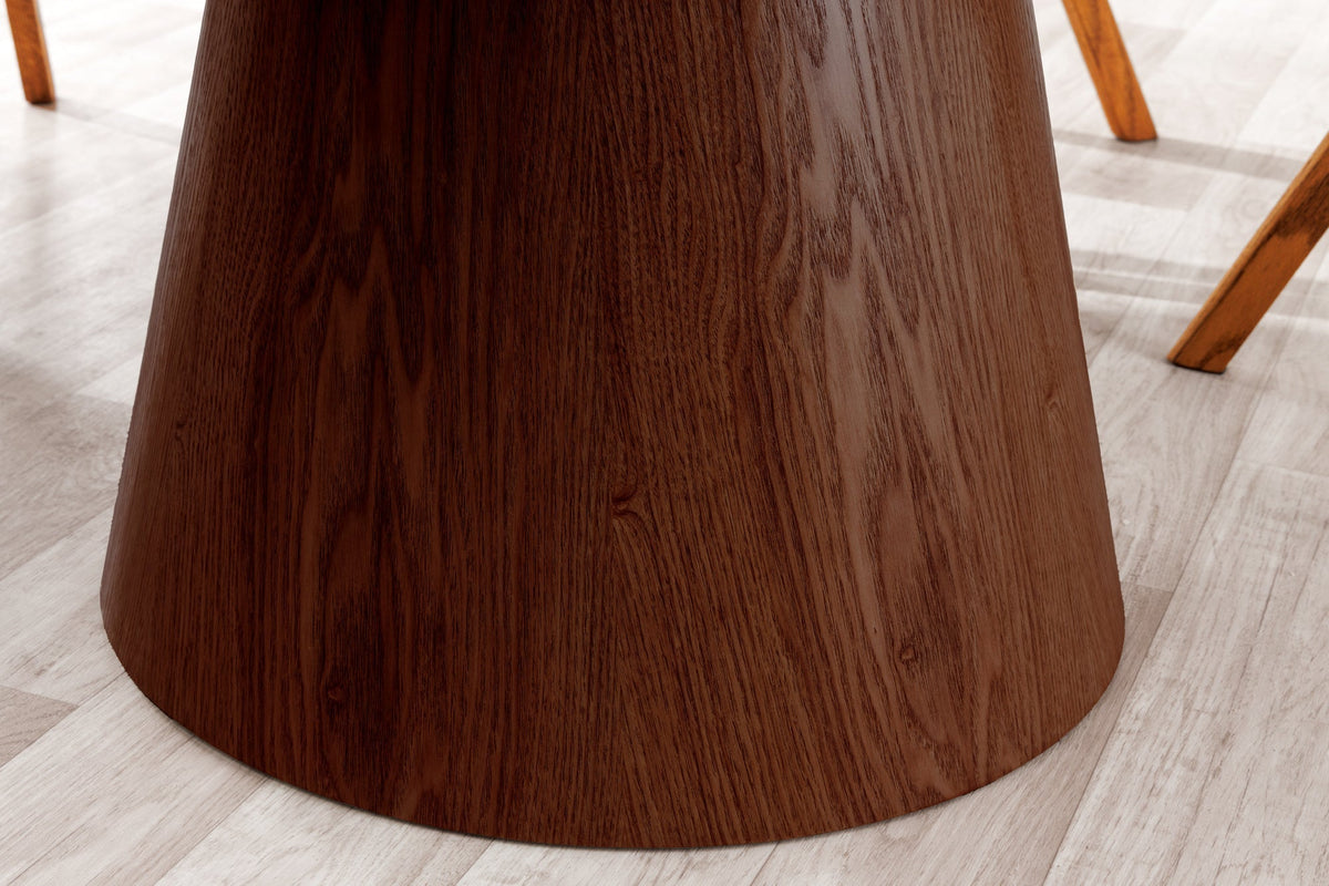 Table à manger ronde UNIQUE 120cm blanc marron noyer bois céramique marbre base pilier