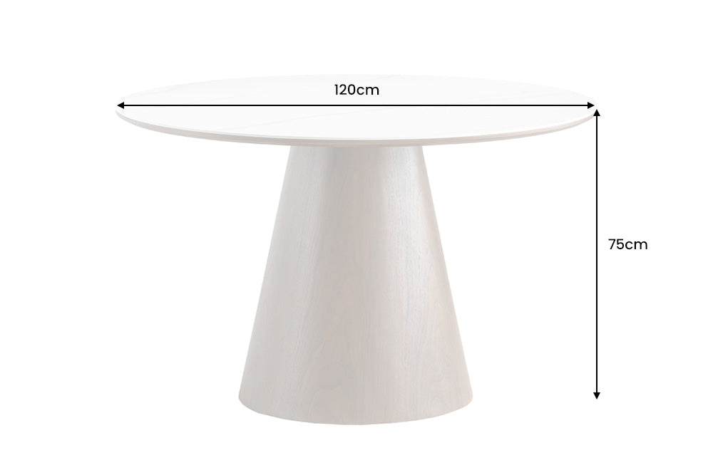 Mesa de comedor redonda UNIQUE 120cm blanco marrón nogal madera cerámica mármol pilar base